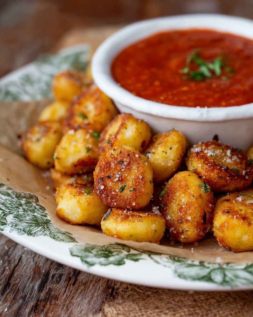 The image shows a white plate with green floral patterns filled with round, golden-brown fried gnocchi pieces that have a crispy texture and are sprinkled with bits of herbs and salt. In the background, there is a white bowl containing bright red marinara sauce garnished lightly with green herbs, positioned slightly behind and to the left of the gnocchi. The plate rests on a rustic wooden table with a piece of brown parchment paper under the gnocchi, enhancing the warm and cozy feeling of the dish. photo taken with an iphone --ar 4:5 --v 7