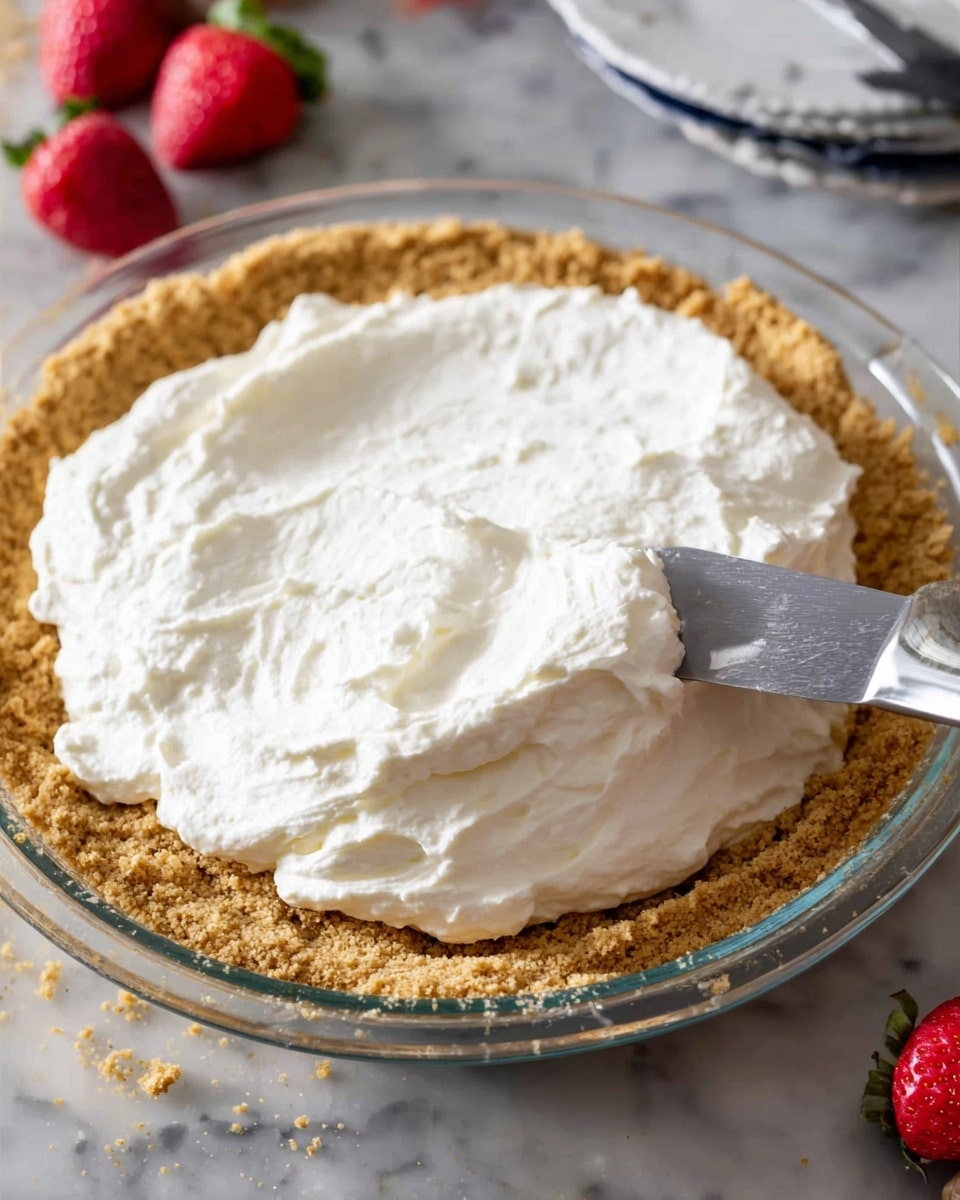 A clear glass pie dish holds a single-layered light brown crumb crust with a rough texture and slightly raised edges, filled generously with fluffy, smooth, and thick white cream being spread evenly with a silver flat spatula. The dish is placed on a white marbled surface, scattered with a few fresh whole strawberries in the background. The scene is bright and natural, showing careful preparation. Photo taken with an iphone --ar 4:5 --v 7