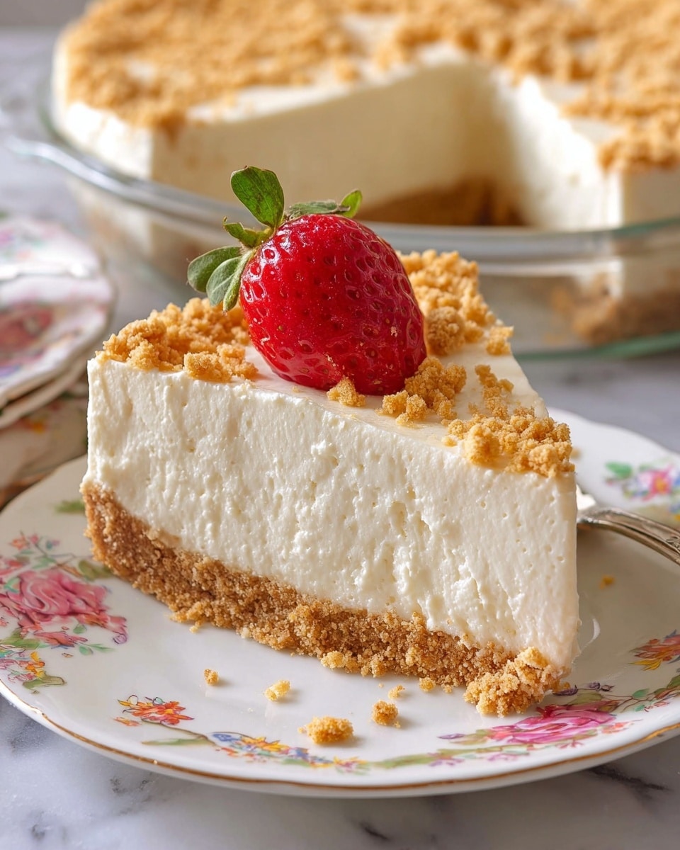A slice of creamy, white cheesecake with a thick, crumbly golden brown crust at the bottom, topped with small golden crumbs, sits on a white plate decorated with colorful floral patterns. A bright red strawberry with green leaves is placed in the center on top of the cheesecake. In the background, the remaining cheesecake is visible in a clear glass dish, set on a white marbled surface. The cheesecake has smooth, clean edges and a light, fluffy texture. photo taken with an iphone --ar 4:5 --v 7