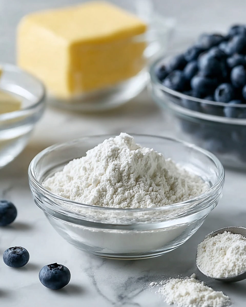 The image shows a close-up of a clear glass bowl filled with a white, powdery ingredient placed at the center on a white marbled surface. Behind it, slightly blurred, is another clear glass bowl filled with dark blue, round blueberries, and to the upper right, a clear glass bowl holds a solid yellow square piece of butter. Scattered around the bowls are a few loose blueberries and some small mounds of white powder, with a silver measuring spoon holding more white powder in the lower right corner. The photo taken with an iphone --ar 4:5 --v 7