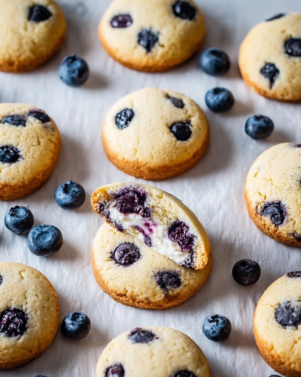 A group of small round cookies with golden-brown edges and soft, light yellow tops dotted with whole blueberries are spread out on white parchment paper on a white marbled surface. Blueberries are scattered between the cookies, adding small pops of deep blue color. One cookie is broken open, showing a creamy white filling mixed with juicy blueberry bits inside a crumbly, darker brown base layer. The cookies have a slightly cracked texture on top, making them look fresh and soft. photo taken with an iphone --ar 4:5 --v 7