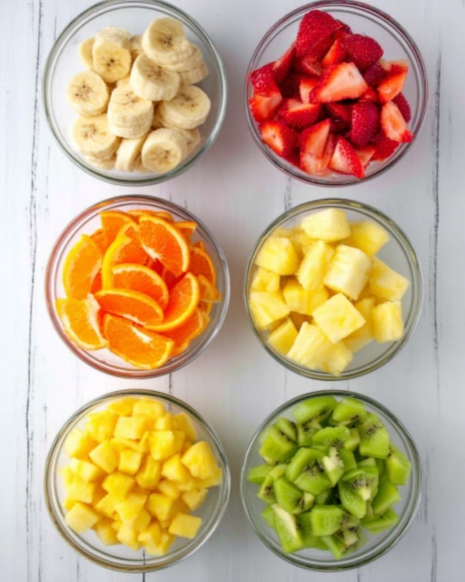 The image shows seven clear glass bowls arranged in a grid on a white marbled surface. Each bowl holds a different type of fresh fruit, with two bowls in the top row, three in the middle, and two in the bottom row. The top left bowl contains sliced bananas, pale yellow with a smooth texture. To its right, the bowl holds sliced strawberries, bright red with a juicy look. The middle row, left bowl has peeled orange slices, vivid orange and glossy. Center bowl has diced mango, bright yellow with a slightly soft texture. The right bowl in the middle row has finely chopped pineapple, pale yellow and moist. The bottom row left bowl holds diced pineapple pieces, similar in color to the middle row but larger. The right bowl has chopped green kiwifruit, light green with tiny black seeds visible. The photo was taken with an iphone --ar 4:5 --v 7