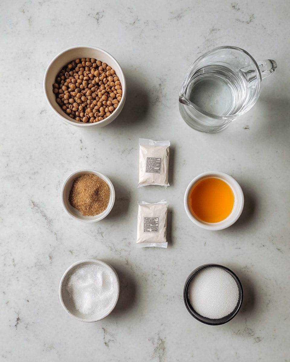 The image shows several small white bowls and containers placed on a white marbled surface. From top left to bottom right, there is a white bowl filled with small round brown cereal pieces, a small white bowl with brown sugar, a transparent glass jug filled with clear water, a tiny white bowl with some milk, two packaged tea bags in white wrapping, a small white bowl with orange honey, and a black bowl filled with white sugar. The arrangement is neat and spaced out evenly. photo taken with an iphone --ar 4:5 --v 7