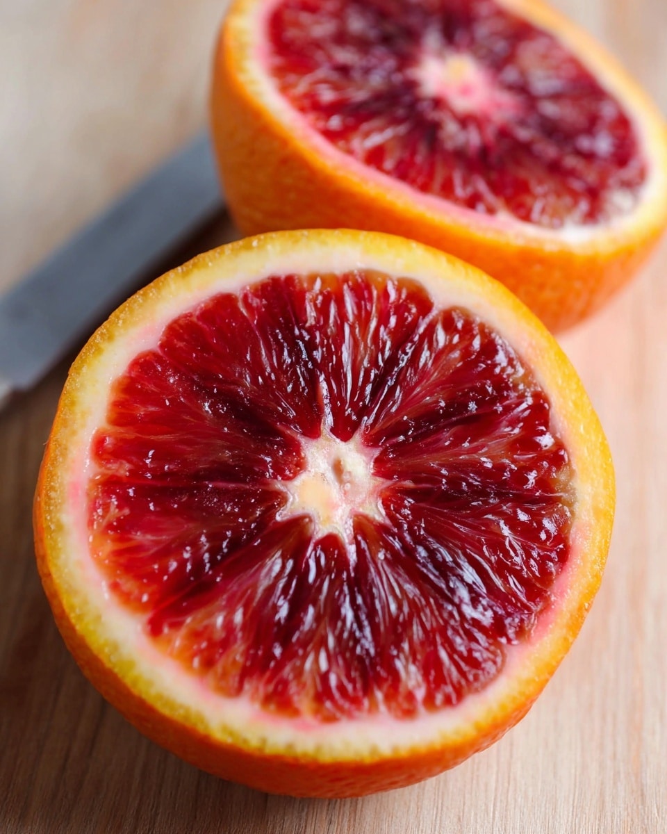 The image shows two halves of a bright blood orange with the outer orange peel layer encasing a rich, deep red and slightly translucent flesh inside. Each half is cut horizontally, exposing the segments in a circular pattern radiating from the white central core. The textured orange rind has a slight yellow tint on the edges, and the juicy, glossy red segments display varying shades from dark red to hints of orange and light pink. The fruit rests on a light wooden surface with a knife edge visible on the side, and the focus is sharp on the front orange half while the back half is slightly blurred. photo taken with an iphone --ar 4:5 --v 7