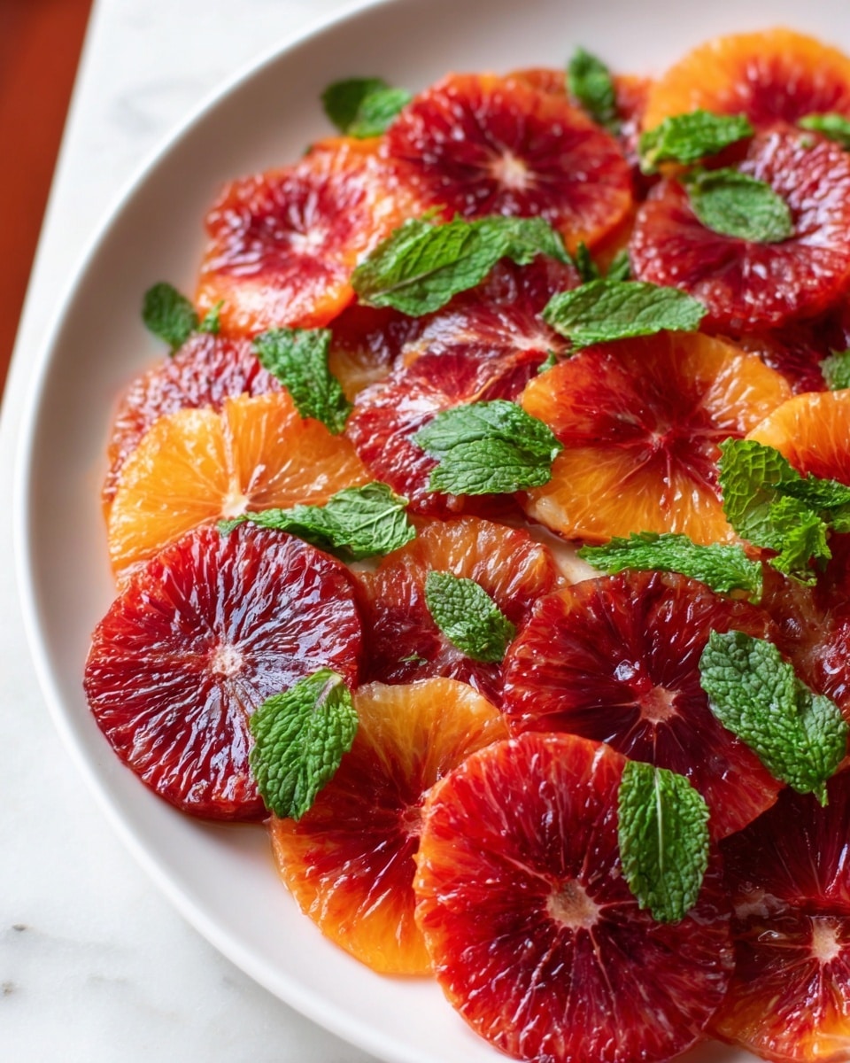 A white round plate filled with many thin slices of red and orange blood oranges, arranged to cover the whole plate in overlapping layers. Bright green mint and cilantro leaves are scattered evenly on top, adding a fresh look with their contrasting green color. The plate sits on a white marbled surface with a small white dish of green sauce at the upper left corner. A woman's hand is holding a silver fork near the right edge of the plate. The overall image has bright natural light and clear focus. photo taken with an iphone --ar 4:5 --v 7