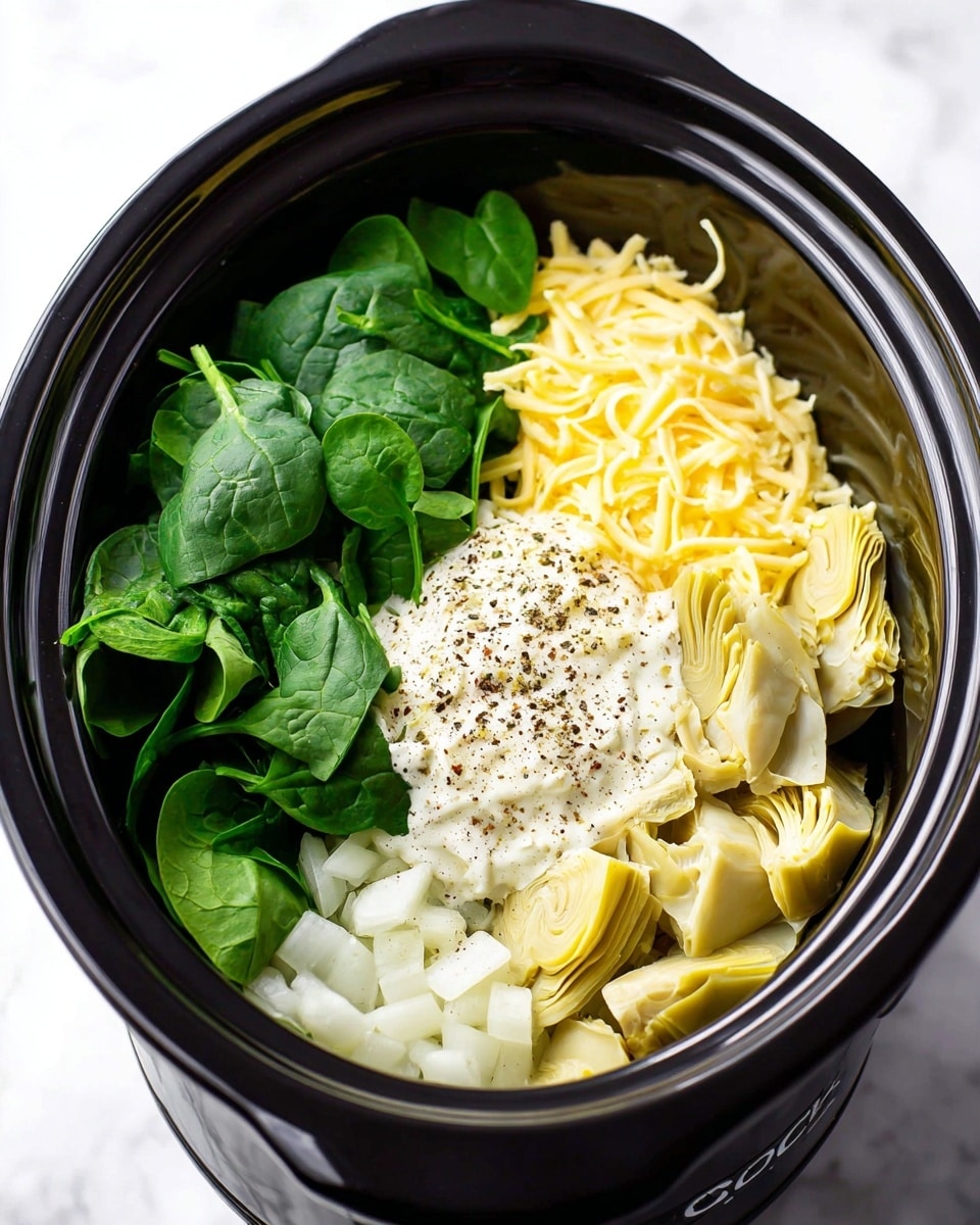 Inside a black slow cooker, there are five main layers of ingredients arranged side by side. On the left, fresh dark green spinach leaves form the first layer. Next to the spinach, there are finely chopped white onions. The middle layer is light yellow shredded cheese, with thin strings full of texture. To the right of the cheese, there is a white dollop of cream topped with ground black pepper. The last layer on the far right consists of creamy yellow artichoke pieces. The slow cooker sits on a white marbled surface, and the photo was taken with an iphone --ar 4:5 --v 7