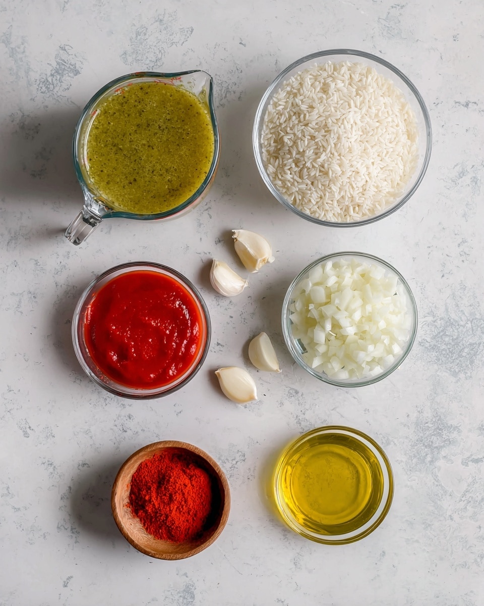 The image shows seven small containers of cooking ingredients arranged on a white marbled surface. At the top left is a clear glass measuring cup with a handle, filled with a greenish-yellow sauce. To the right is a clear bowl filled with uncooked white rice. Below the measuring cup is a small clear bowl with a thick bright red sauce. Farther down is another clear bowl holding chopped white onions. To the right of the onions is a small wooden bowl with bright red powder, likely a spice. Below and to the right of the wooden bowl is a small clear cup with peeled garlic cloves. Finally, at the bottom right is a small clear container filled with golden olive oil. The arrangement is neat and evenly spaced. Photo taken with an iphone --ar 4:5 --v 7