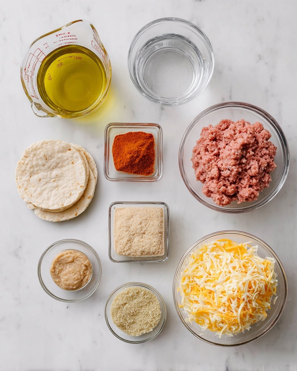 The image shows a white marbled surface with several clear glass bowls and a small stack of light beige tortillas. On the top right, a bowl holds a pink ground meat mixture with a soft texture. To the left, a glass measuring cup contains a yellow-green liquid, likely oil, and below it is another measuring cup filled with clear water. In the center, a small glass bowl with bright orange-red powder sits next to a square glass container holding a beige paste with a slightly rough texture. Below these, two small round glass bowls contain light beige granules and a finer light brown minced ingredient. At the bottom right, a bowl is filled with a fluffy mix of white and yellow shredded cheese. All containers are neatly arranged with ample space between them, set on the white marbled surface photo taken with an iphone --ar 4:5 --v 7
