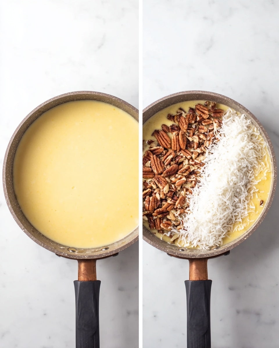 Two images side by side show a grey pan with a black handle on a white marbled surface. The left image has one layer: a smooth light yellow creamy liquid filling the pan evenly. The right image shows the same yellow creamy base, now topped with two separated layers: one half covered with chopped brown nuts and the other half with shredded white coconut, both layers evenly spread. Photo taken with an iphone --ar 4:5 --v 7