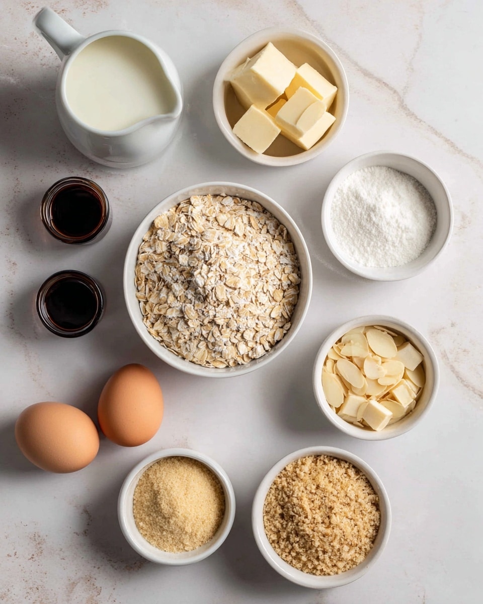 The image shows a collection of baking ingredients arranged neatly on a white marbled surface. In the center, there is a white bowl filled with light brown oats, surrounded by smaller white bowls holding pale yellow almond flour, golden brown soft sugar, thin light beige sliced almonds, yellow butter cubes, and fine white granulated sugar. To the side, two light brown eggs rest directly on the surface, while a small white pitcher filled with white milk sits at the top left. Two small dark brown bottles, likely vanilla extract, are placed near the pitcher, adding contrast to the light and neutral color palette. photo taken with an iphone --ar 4:5 --v 7