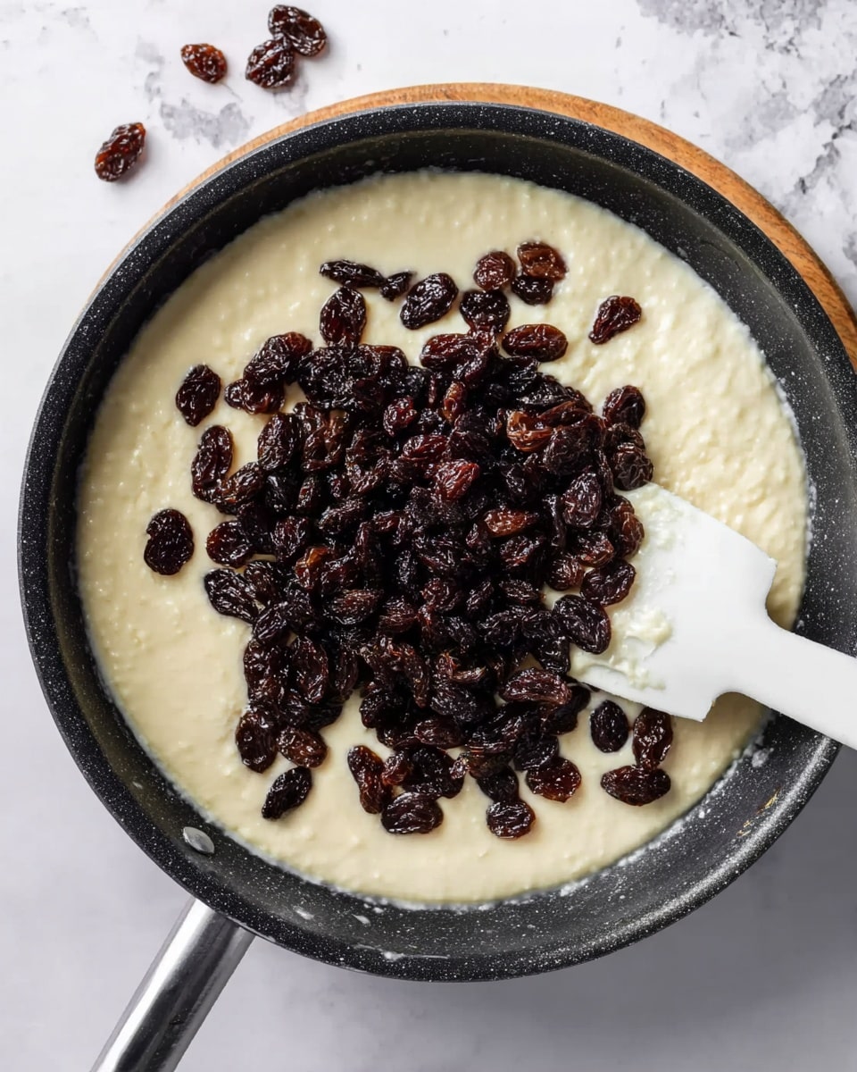 A black pan with a white spatula inside it is shown on a white marbled surface. The pan contains a creamy, light beige mixture as the base layer, which looks smooth and thick. On top of this creamy layer, there is a large pile of dark brown raisins concentrated in the middle. Some raisins are scattered around the pile on the creamy base. The scene is well lit, showing clear textures of the creamy base and the wrinkled raisins. Photo taken with an iphone --ar 4:5 --v 7