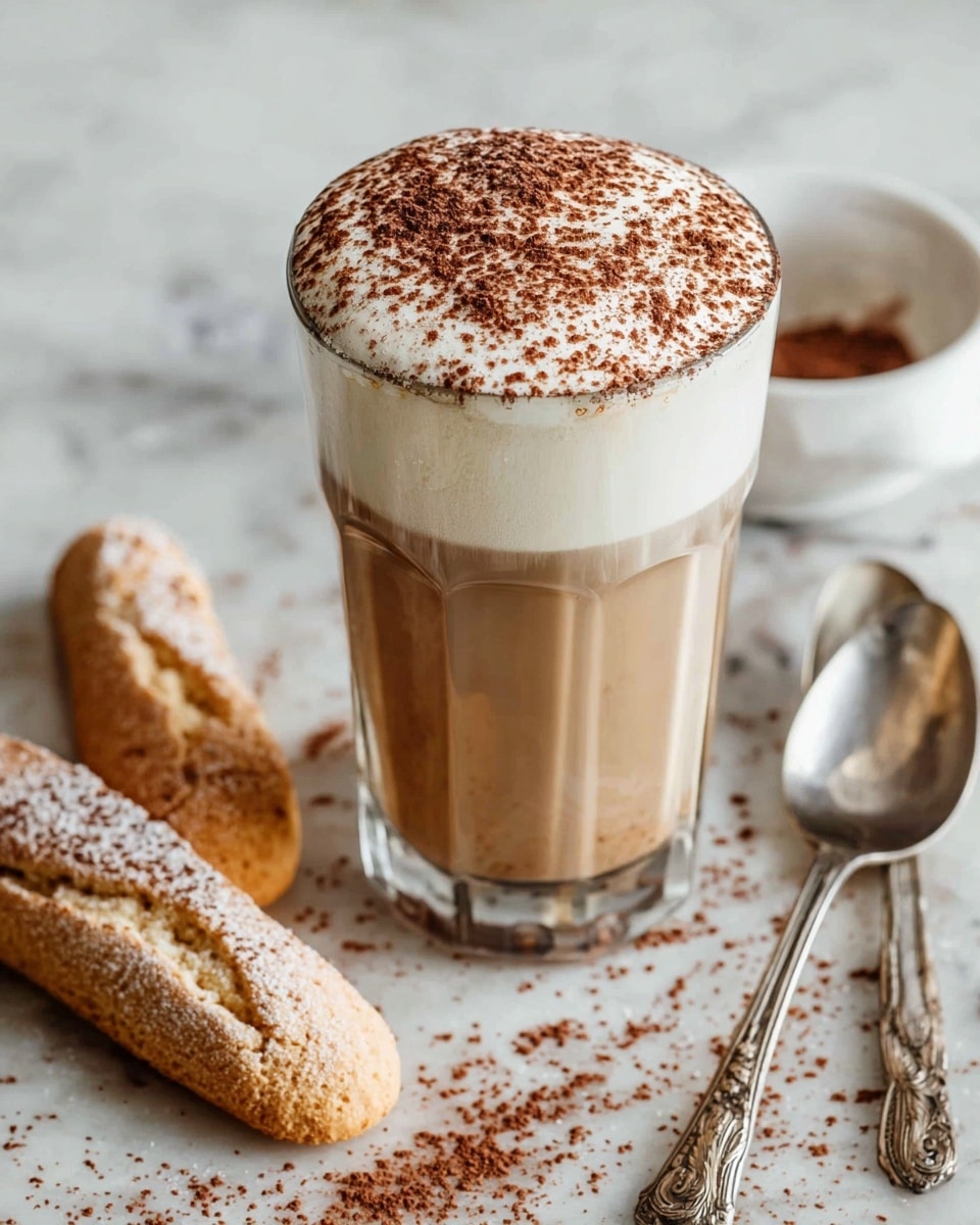 A tall clear glass filled with a light brown coffee layer at the bottom and topped with a thick, creamy white foam layer sprinkled with fine cocoa powder. Next to the glass, there are two long, light beige ladyfinger biscuits dusted lightly with powdered sugar. Two vintage silver spoons lay nearby on a white marbled surface, with some cocoa powder scattered around. Photo taken with an iphone --ar 4:5 --v 7