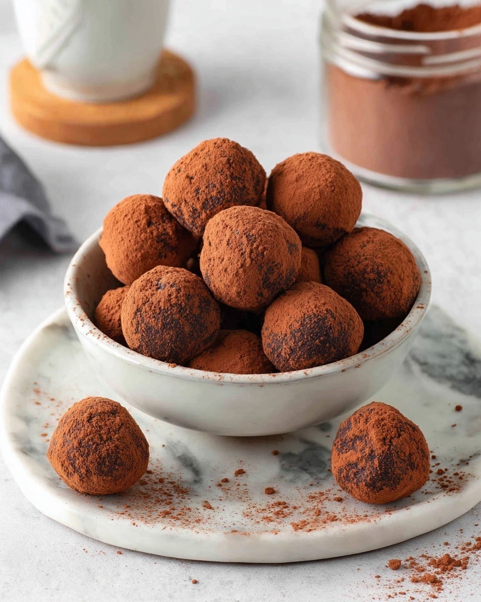 A small white bowl is full of round chocolate truffles covered in brown cocoa powder, with several truffles placed around the bowl on a white marbled plate. The truffles have a slightly rough and powdery texture. In the background, there is a glass jar filled with cocoa powder and a white cup on a wooden coaster, all set on a white marbled surface. The image captures a close-up view with soft lighting. photo taken with an iphone --ar 4:5 --v 7