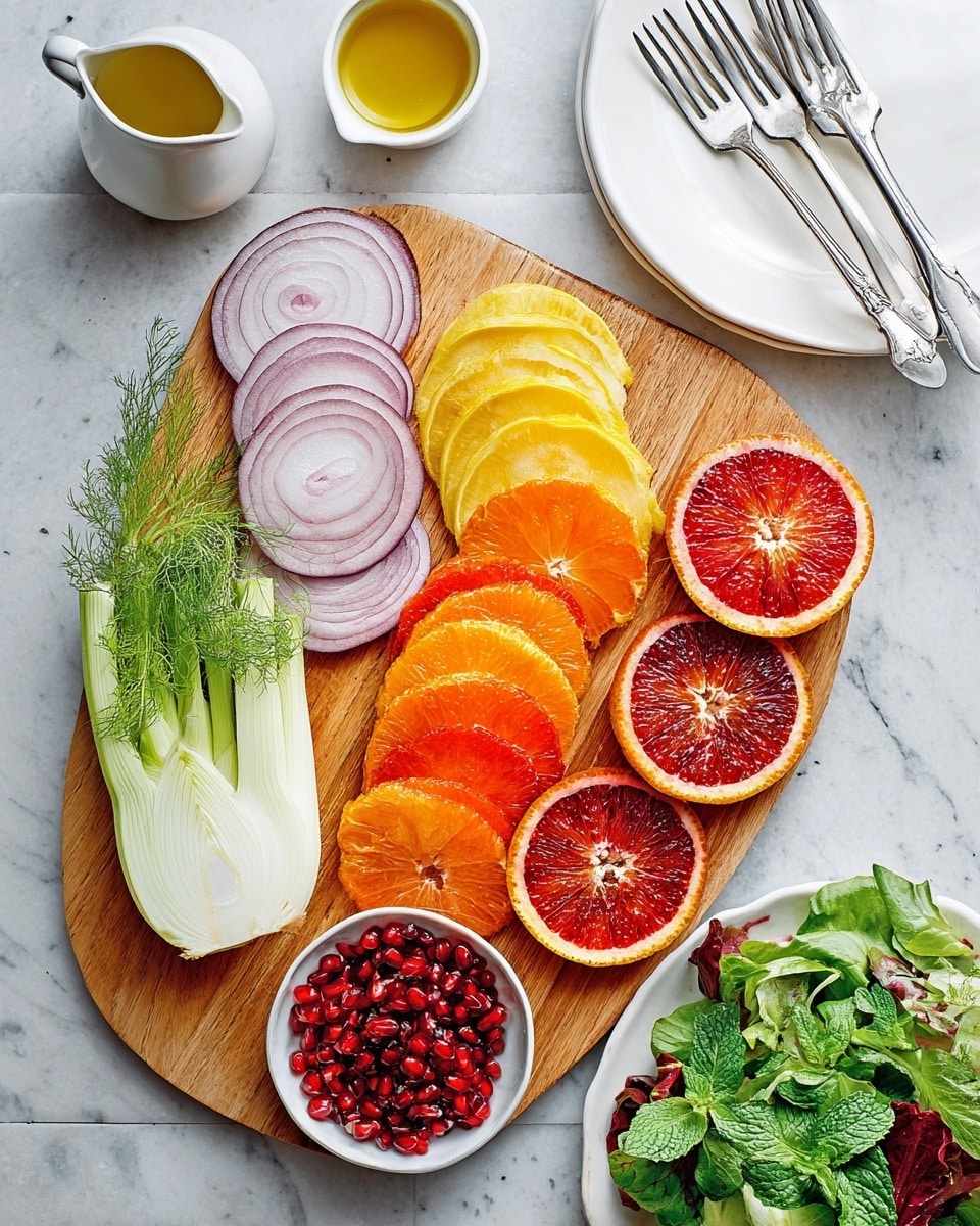 A wooden cutting board holds the ingredients arranged neatly in layers: at the top right, two halves of a bright blood orange with deep red flesh and a textured orange peel; below them, a layer of thin yellow orange slices; next to the slices, two fresh fennel bulbs with pale green stalks and feathery green fronds; toward the left, a pile of thinly sliced red onion rings with a pale purple color; in front of the onions, two neat stacks of vibrant orange-red citrus slices with visible juicy segments; at the bottom right, a small white bowl filled with shiny red pomegranate seeds and garnished with fresh green mint leaves. To the right, on a white plate, a bed of fresh mixed green leaves rests on a white marbled surface. Nearby, two white plates hold three silver forks. A small white pitcher with golden olive oil completes the setup. photo taken with an iphone --ar 4:5 --v 7