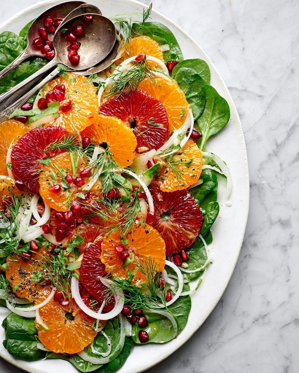 A white plate sits on a white marbled surface, holding a fresh salad with three layers: the base layer is made of fresh green spinach leaves, the middle layer has thin slices of pale white fennel, and the top layer features vibrant orange and red citrus slices topped with small green mint leaves, light green dill sprigs, and bright red pomegranate seeds scattered over. A silver fork rests on the left side of the plate. Part of another similar white plate with the same salad is visible in the background. Photo taken with an iphone --ar 4:5 --v 7