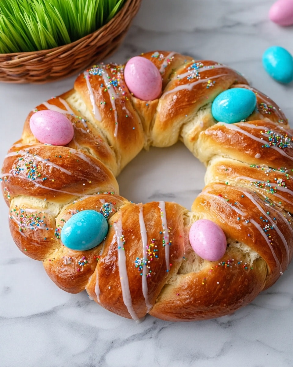 The image shows a close-up of a golden brown braided bread wreath with a soft texture. The bread has three brightly colored eggs placed on top, two blue and one pink. A woman's hand holds a spoon that is dripping white icing onto the bread, adding a shiny smooth layer on the surface. Small round colorful sprinkles are scattered over the bread and icing for a festive look. The bread sits on a white marbled surface. photo taken with an iphone --ar 4:5 --v 7