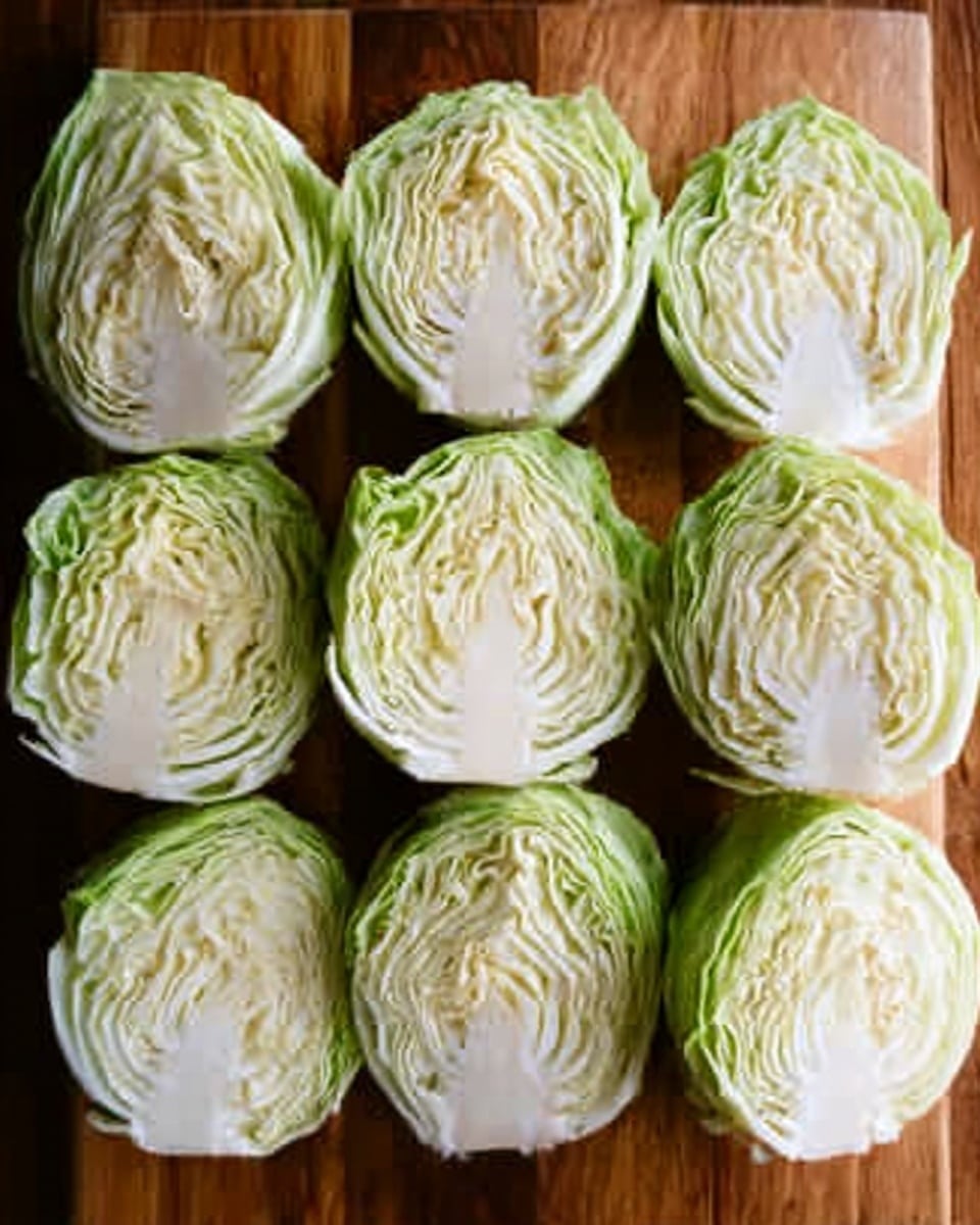The image shows nine halves of a pale green cabbage, each cut evenly to reveal layers of tightly packed leaves inside. They are arranged neatly on a wooden board in three rows of three. The cabbage layers have a mix of creamy white and soft green shades, with crisp textures that show the natural veins of the leaves. The wooden board has a warm brown color and visible grain patterns, contrasting with the smooth clean cuts of the cabbage halves. photo taken with an iphone --ar 4:5 --v 7