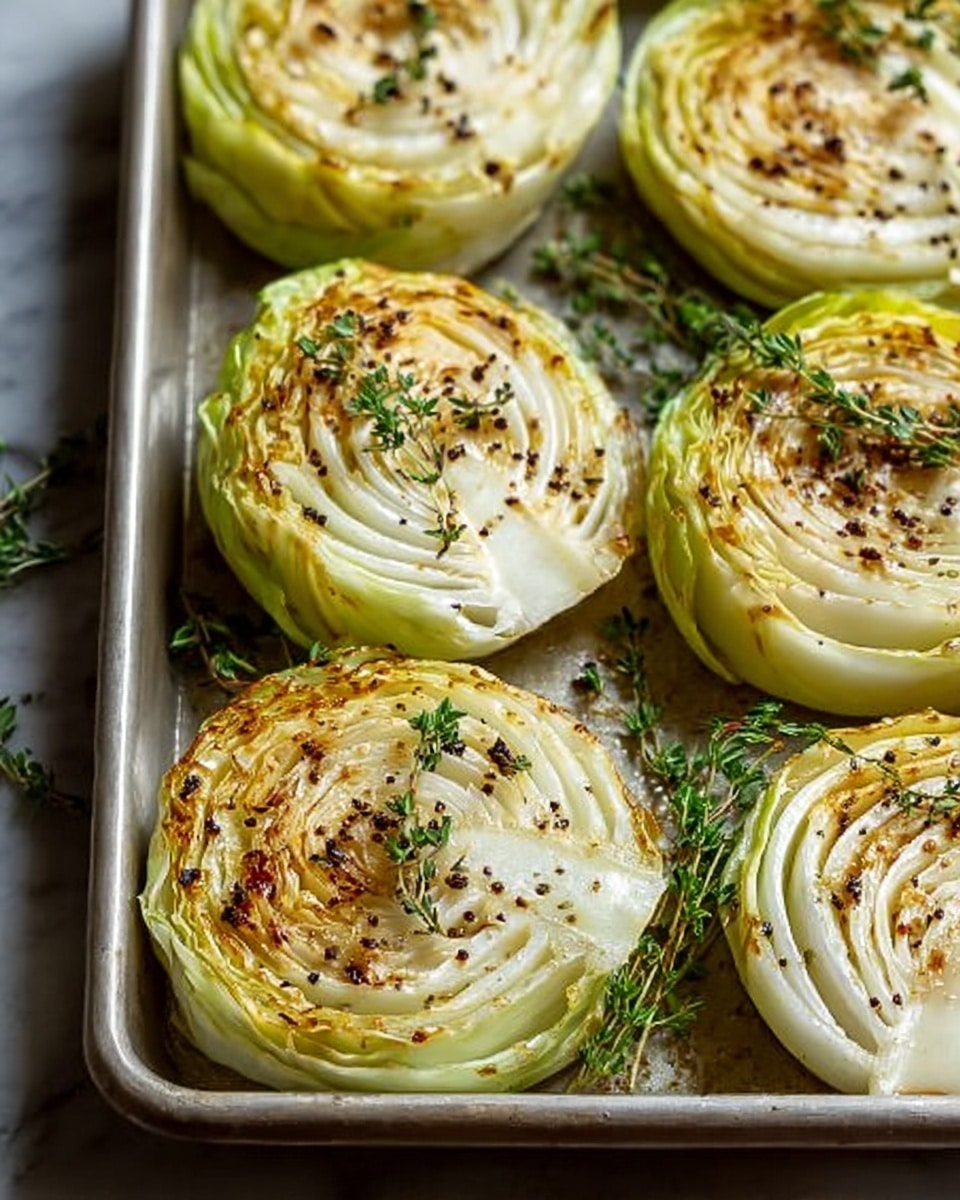 The image shows a metal baking tray with six round cabbage slices arranged in two rows. Each cabbage slice has visible layers of pale green and white with light brown charred spots and black pepper sprinkled on top. Small fresh green herb sprigs, likely thyme, are placed on top of some cabbage slices and scattered around the tray. The cabbage edges are slightly caramelized, giving a textured look. The baking tray rests on a white marbled surface. photo taken with an iphone --ar 4:5 --v 7