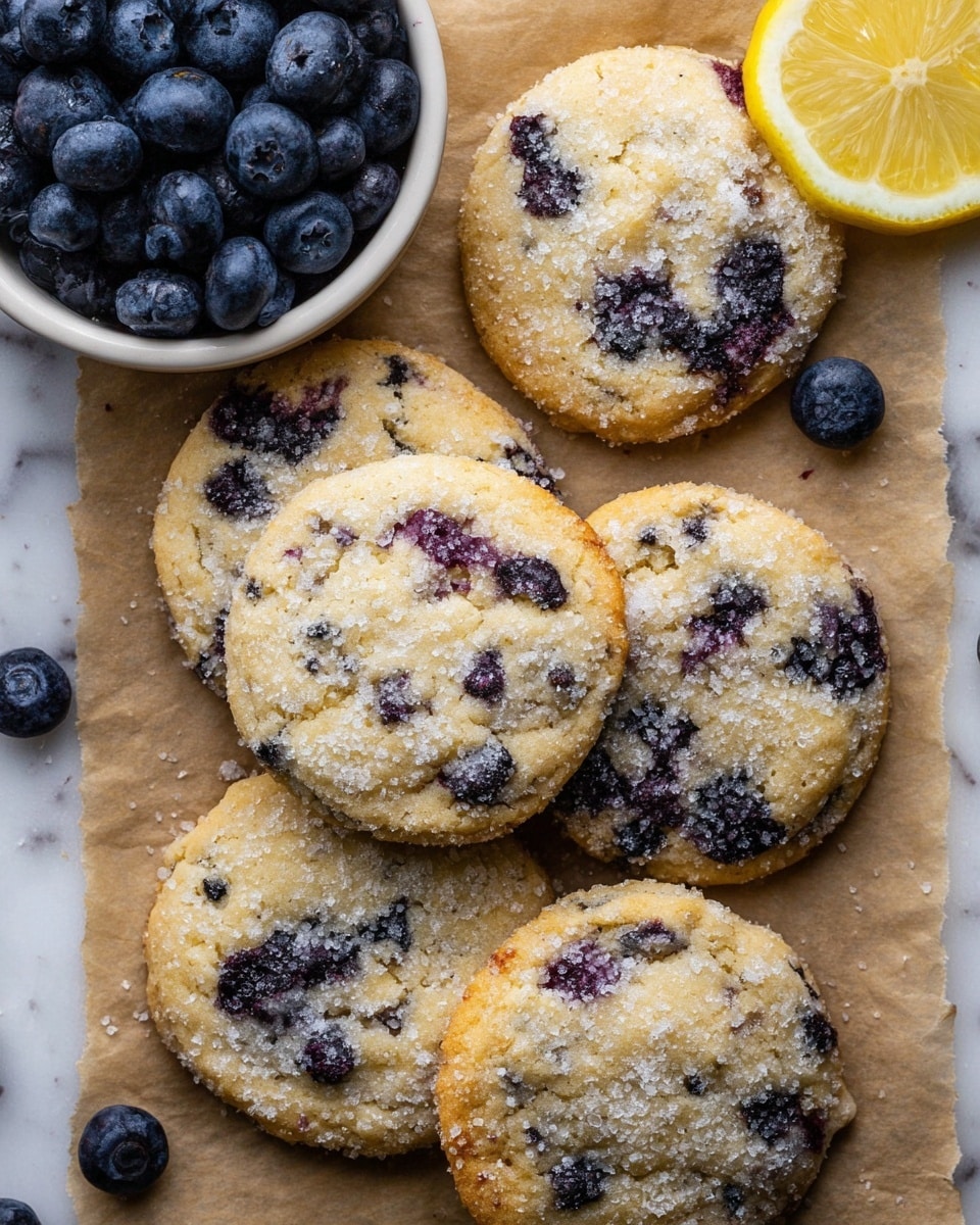 Five round blueberry cookies with light golden brown edges and a sugar-crystal coating are placed on brown parchment paper. Each cookie has visible dark purple blueberry spots spread across the top. In the top left corner is a white bowl filled with fresh, dark blue blueberries. A small slice of lemon with a pale yellow inside and a white rind sits between two cookies. A few loose blueberries are scattered at the bottom. The background shows a white marbled surface. photo taken with an iphone --ar 4:5 --v 7