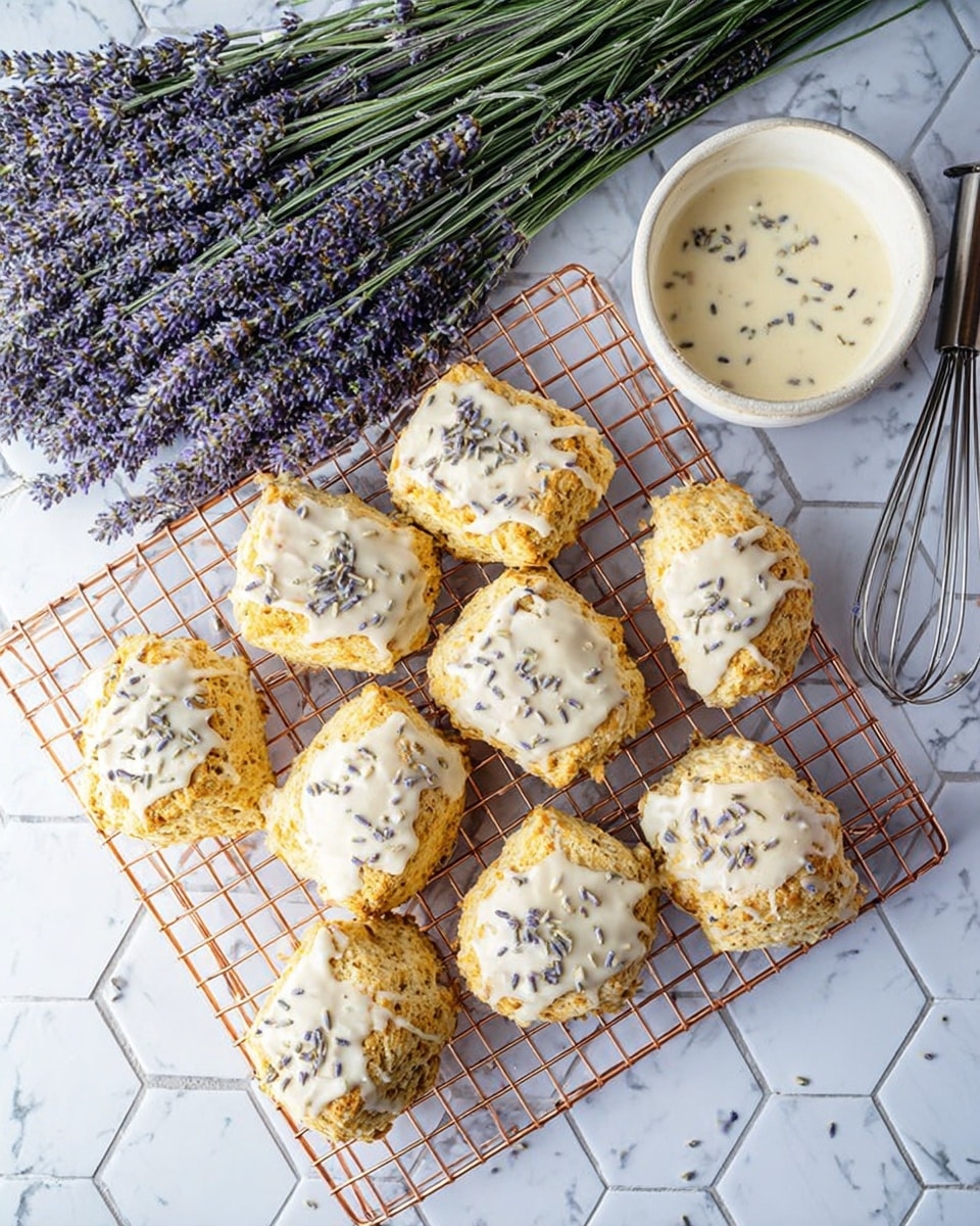 A round copper cooling rack holds eleven golden brown scones, each topped with a thick layer of white icing drizzled unevenly and sprinkled with small lavender bits. The rack is placed on a white marbled hexagon tile surface. To the upper right is a small white bowl filled with creamy white icing speckled with lavender bits, and a metal whisk lies beside the bowl. To the upper left corner, a large bunch of fresh lavender with green stems and purple flowers spreads diagonally across the surface. The lighting is bright and soft, highlighting the texture of the scones and the colors of the lavender photo taken with an iphone --ar 4:5 --v 7