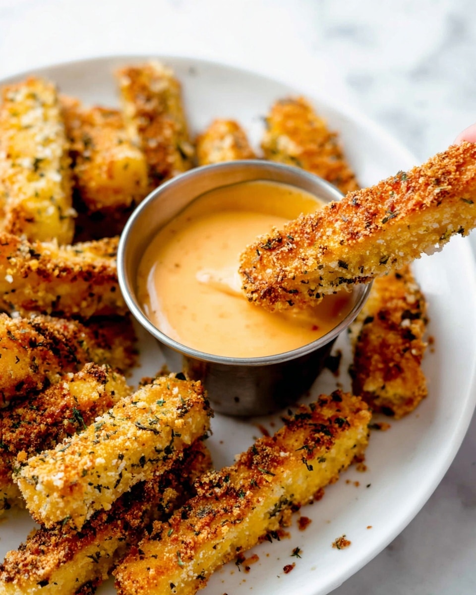 The image shows a white plate with many golden-brown crispy sticks arranged around a small metal cup filled with creamy light orange sauce. One stick is being dipped into the sauce by a woman's hand, partially covered with the sauce. The sticks have a crunchy breaded texture with visible herbs and spices. The background is a white marbled surface. photo taken with an iphone --ar 4:5 --v 7