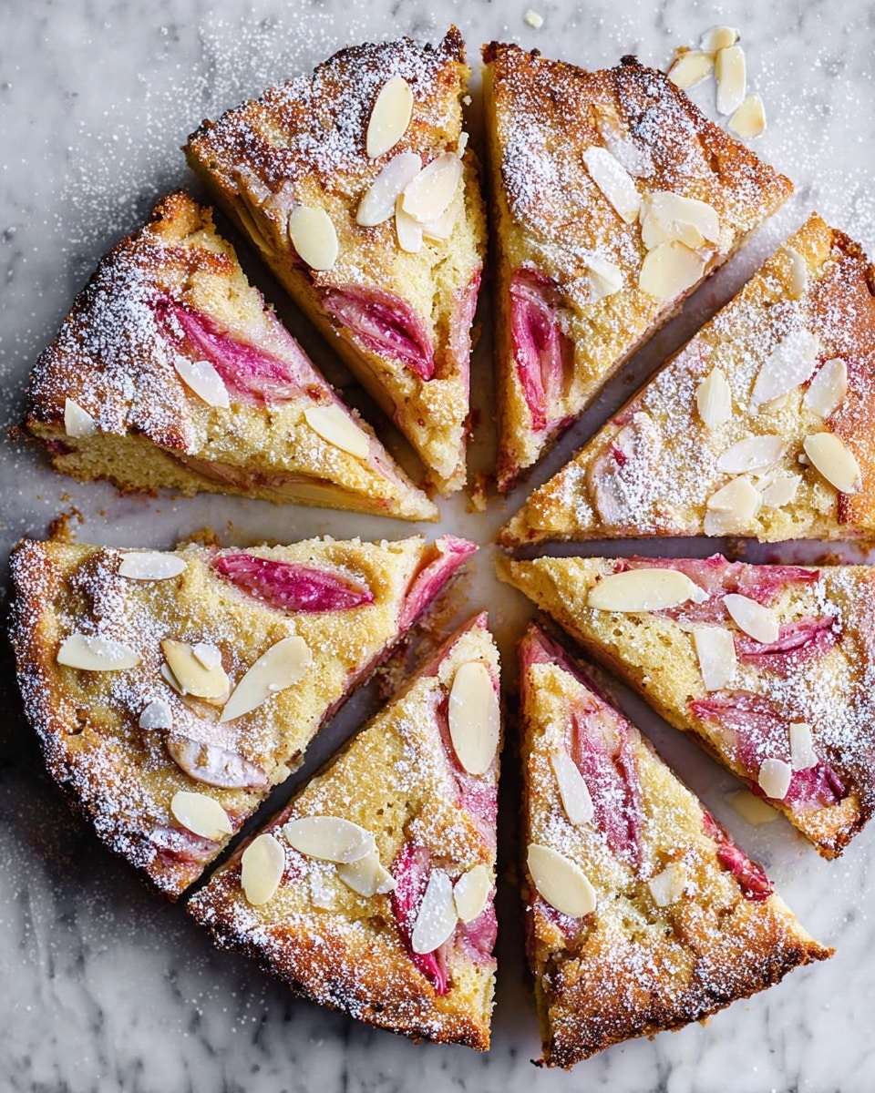 A round cake sliced into eight even triangular pieces arranged in a circle on a white marbled surface. Each slice has a golden-brown baked top with thin pink fruit pieces embedded in the batter, showing a slightly soft texture inside. The top of the cake is sprinkled with powdered sugar and scattered thin almond slices. The contrast of the pale pink fruit and light brown crust is clear, with the white powdered sugar adding a soft dusting over everything. Photo taken with an iphone --ar 4:5 --v 7