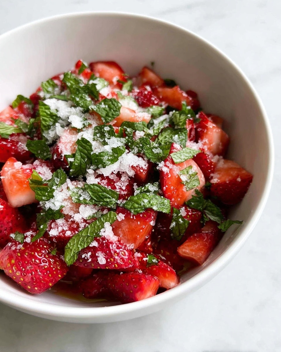 A close-up of a white bowl filled with chopped bright red strawberries as the base layer, topped with small pieces of fresh green mint leaves scattered evenly on top, and a layer of fine white sugar sprinkled over the mint leaves and strawberries. The bowl sits on a white marbled surface. photo taken with an iphone --ar 4:5 --v 7