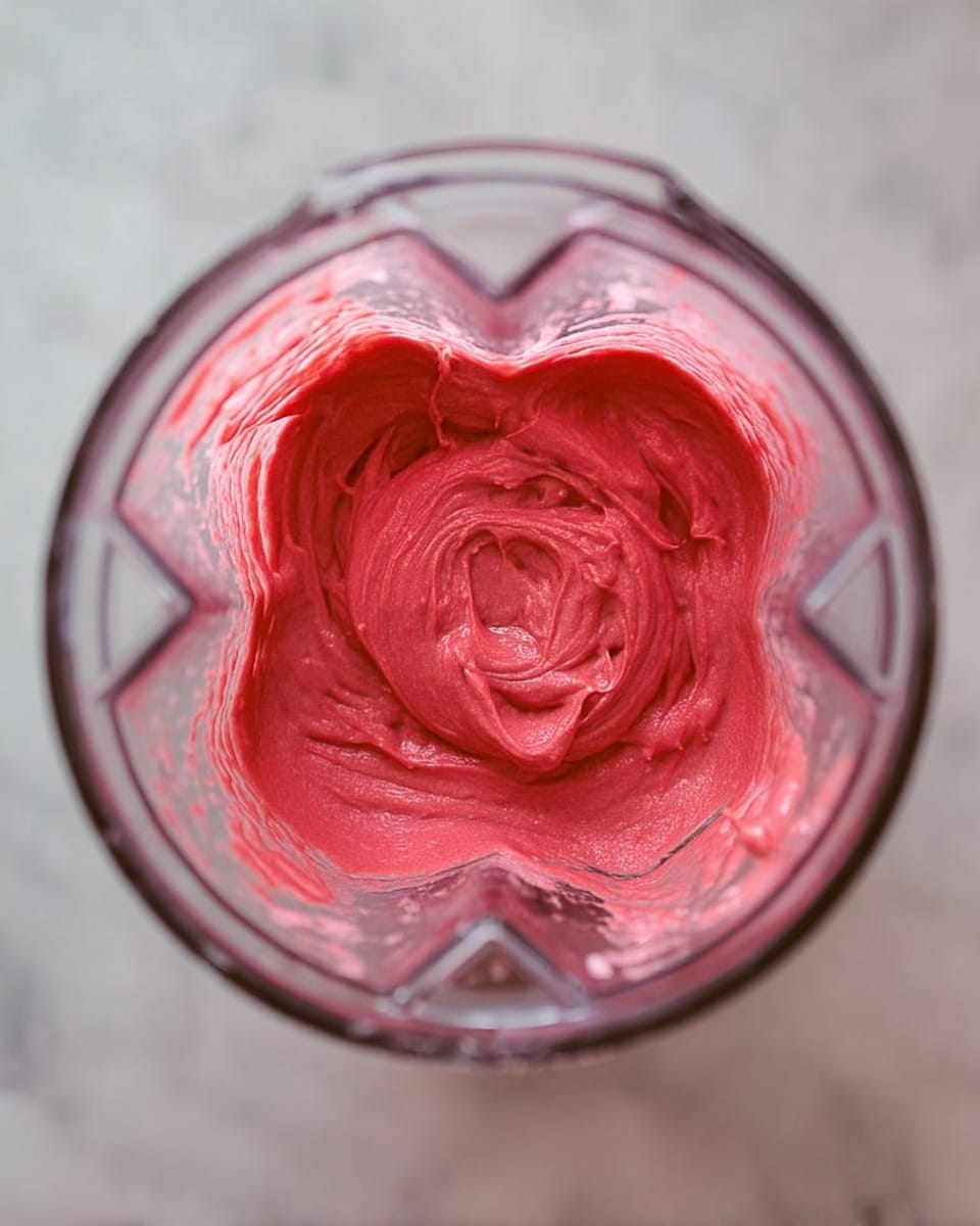 Inside a clear blender jar, there is one thick layer of smooth, bright pink-red puree with a soft, creamy texture that has swirled patterns on the top surface. The blender's edges are transparent, showing the puree pressed slightly against the sides, and the background has been changed to a white marbled texture. photo taken with an iphone --ar 4:5 --v 7