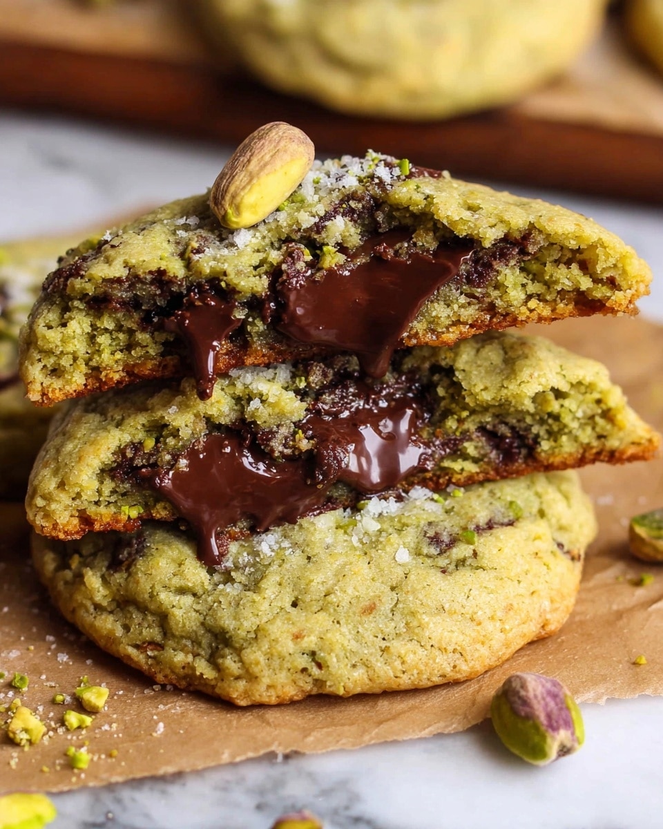 The image shows a close-up of a stack of two greenish-yellow cookies with melted dark chocolate chunks visible inside and oozing out slightly; the top cookie is broken in half revealing the rich chocolate filling, sprinkled with crushed pistachios and a whole pistachio on top. The cookies have a slightly rough texture with small chocolate bits inside. They sit on a piece of brown parchment paper with some pistachios scattered nearby, all placed on a white marbled surface. photo taken with an iphone --ar 4:5 --v 7