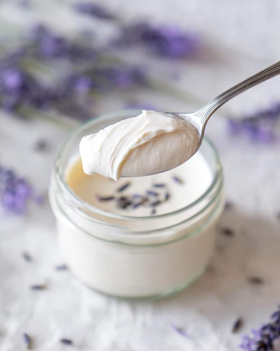 A close-up of a shiny metal spoon holding one scoop of smooth, creamy white yogurt with a soft texture, positioned above a clear glass jar filled with the same yogurt, visible lavender seeds floating on the yogurt inside the jar. The background is a white marbled texture with faint lavender flowers blurred in the distance, creating a soft and fresh look. Photo taken with an iphone --ar 4:5 --v 7