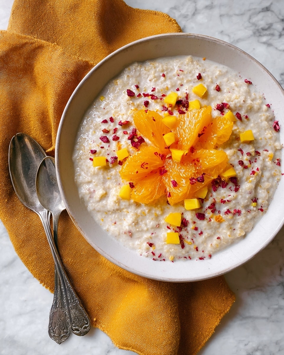A white shallow bowl holds a creamy, textured porridge that fills the plate almost to the edge. On top, there are bright orange segments placed in the center, partially covered by yellow diced fruit pieces. Small red sprinkles are scattered over the porridge and fruit, adding contrast in color. The bowl rests on a mustard yellow cloth with visible folds, sitting on a white marbled surface. Near the bowl, two ornate silver spoons lie beside each other, facing outward. photo taken with an iphone --ar 4:5 --v 7