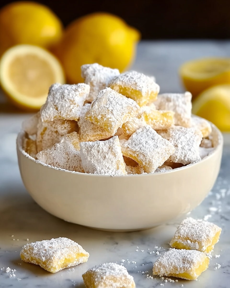 A white bowl filled with many small square-shaped cereal pieces that look soft and slightly puffy, covered in a light dusting of white powdered sugar. The cereal pieces are pale yellow with a soft texture and appear stacked loosely, filling the bowl to the top. The bowl sits on a white marbled surface, and in the background, there are whole yellow lemons, with one lemon sliced in half showing its juicy interior. The photo taken with an iphone --ar 4:5 --v 7