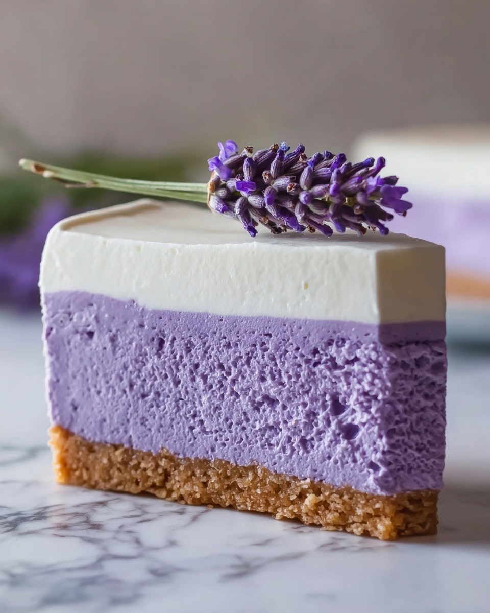 The image shows a single slice of creamy purple cheesecake on a white plate. The cheesecake has three clear layers: a thin, firm brown base layer at the bottom, a thick, smooth, and light purple middle layer with small holes in it, and a very thin, light cream layer on top. On top of the slice, there is a small bunch of purple lavender flowers as decoration. The background is a white marbled surface, and the rest of the cheesecake is visible in the back, slightly out of focus. photo taken with an iphone --ar 4:5 --v 7