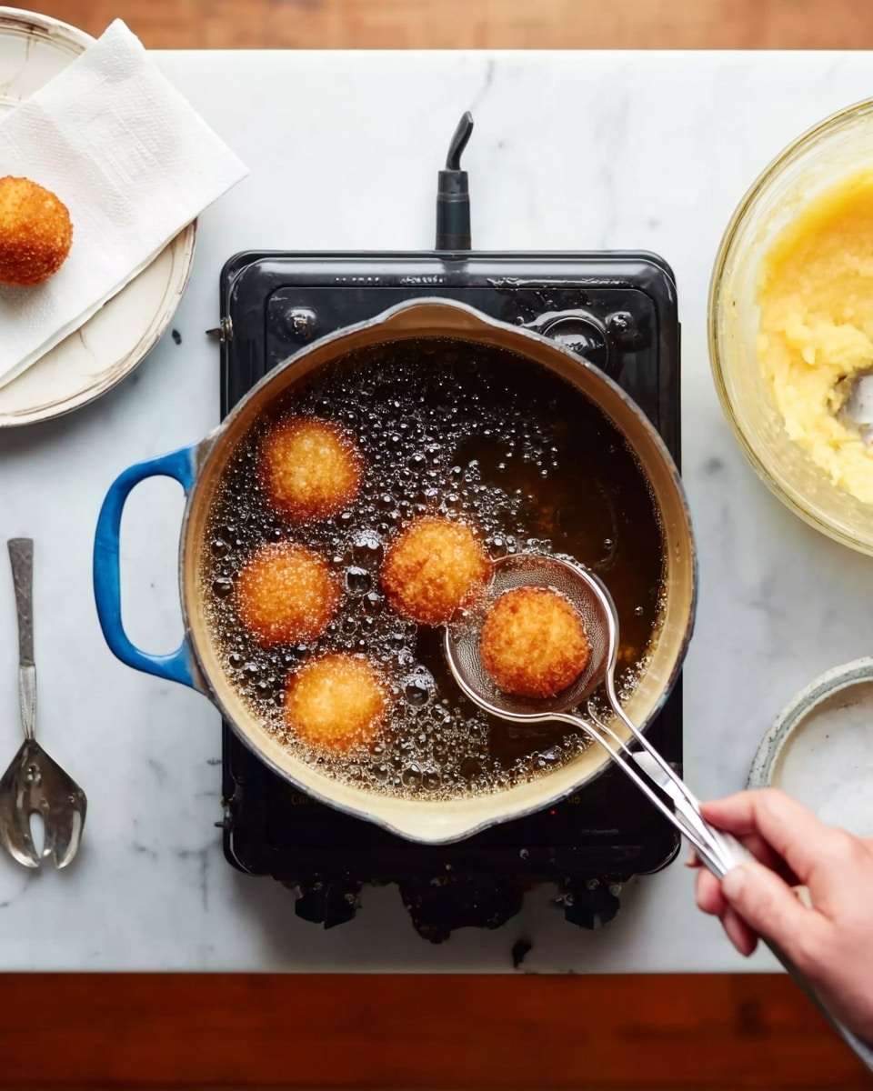 A blue pot filled with hot dark oil is placed on a black portable stove on a white marbled table. Five golden brown balls are frying in the oil, with bubbles around them showing they are cooking. A silver slotted spoon held by a woman's hand is lifting one ball out of the oil. To the left, a white plate with a white napkin has one golden brown ball on it. On the right side, there is a glass bowl filled with yellow batter and a silver spoon inside. photo taken with an iphone --ar 4:5 --v 7