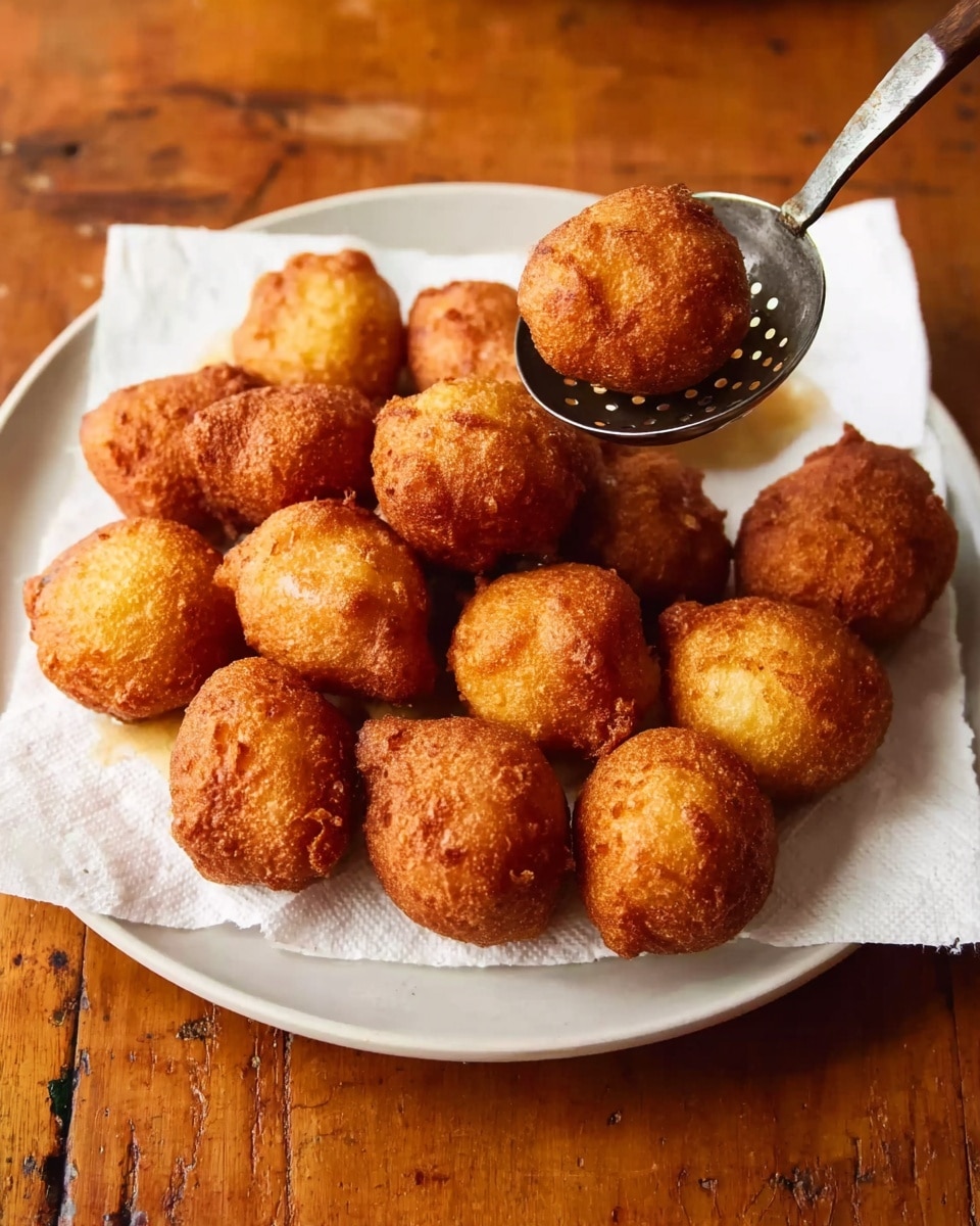 A white plate holds a layer of white paper towel on top, which carries about 18 small, round golden-brown fried dough balls. The dough balls have a crispy, textured outside with a slightly uneven surface showing a mix of lighter and darker browns. A metal slotted spoon with a dark handle lifts one dough ball slightly above the plate, catching light on the spoon's holes and showing some oil shine on the dough ball. The plate is set on a wooden table with a worn, warm tone. photo taken with an iphone --ar 4:5 --v 7
