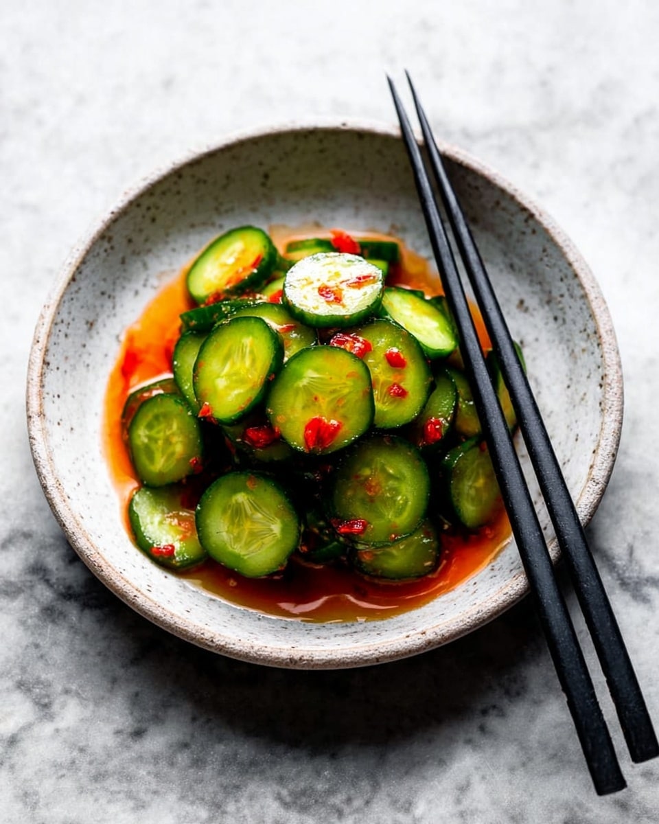 A pile of bright green cucumber slices with glossy, wet surfaces sits in a white bowl with a speckled texture, layered with small pieces of red chili pepper and thin pale slices of garlic scattered throughout. The cucumbers are topped and drizzled with a shiny orange sauce that pools at the bottom, giving the dish a fresh and spicy look. There is a pair of black chopsticks resting on the edge of the bowl against a white marbled surface. photo taken with an iphone --ar 4:5 --v 7