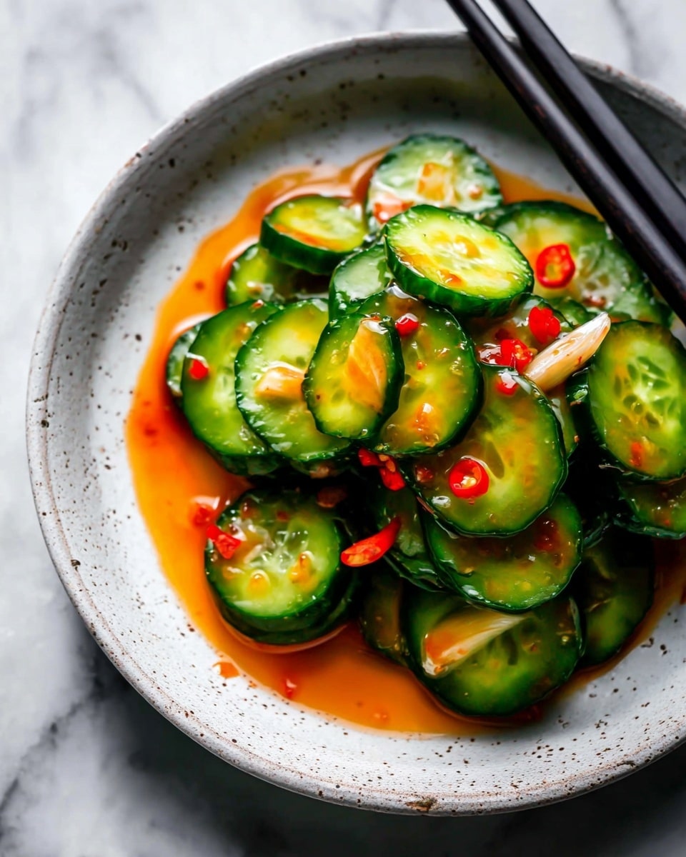 A white speckled bowl holds a pile of round cucumber slices, each slice showing fresh green skin and a light green watery center. Scattered among the cucumber pieces are small, bright red chili bits. A shiny orange sauce glistens over the cucumbers, pooling slightly at the base. On the right side of the bowl, two sleek black chopsticks rest parallel to each other. The bowl is placed on a white marbled surface. photo taken with an iphone --ar 4:5 --v 7