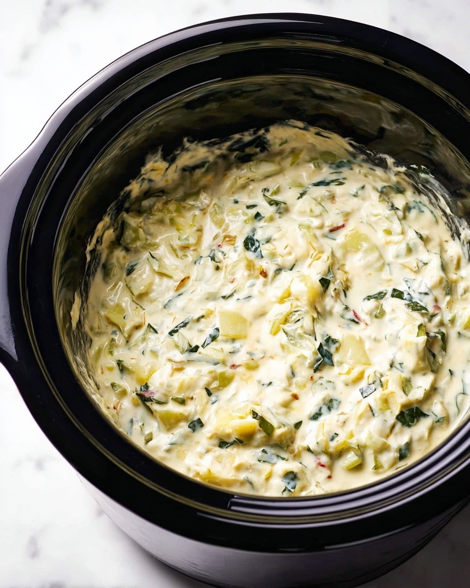 A close-up image showing a woman's hand holding a round yellow corn chip with a rough texture. The chip is partially covered with a thick, creamy white dip that has green pieces of cooked leafy vegetables. The background shows a white marbled surface and a blurred black bowl filled with more of the creamy dip with green vegetable bits. photo taken with an iphone --ar 4:5 --v 7