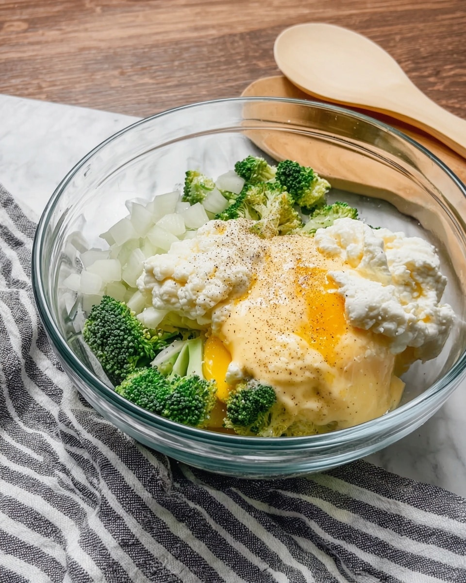 A clear glass bowl set on a white marbled surface holds several ingredients layered separately. At the bottom, there are small bright green broccoli pieces. On one side, there is a layer of white chopped onions. Next to the onions, a whole egg with a visible bright yellow yolk lies beneath a smooth, pale-yellow layer of mayonnaise or sauce. On top of the sauce, a couple of large dollops of creamy white mayonnaise sit, slightly textured and soft. A sprinkling of black pepper is spread over the sauce and part of the mayonnaise. The bowl is placed on a folded striped cloth with gray and white stripes. Nearby, a light wooden spoon rests on the wooden background. photo taken with an iphone --ar 4:5 --v 7