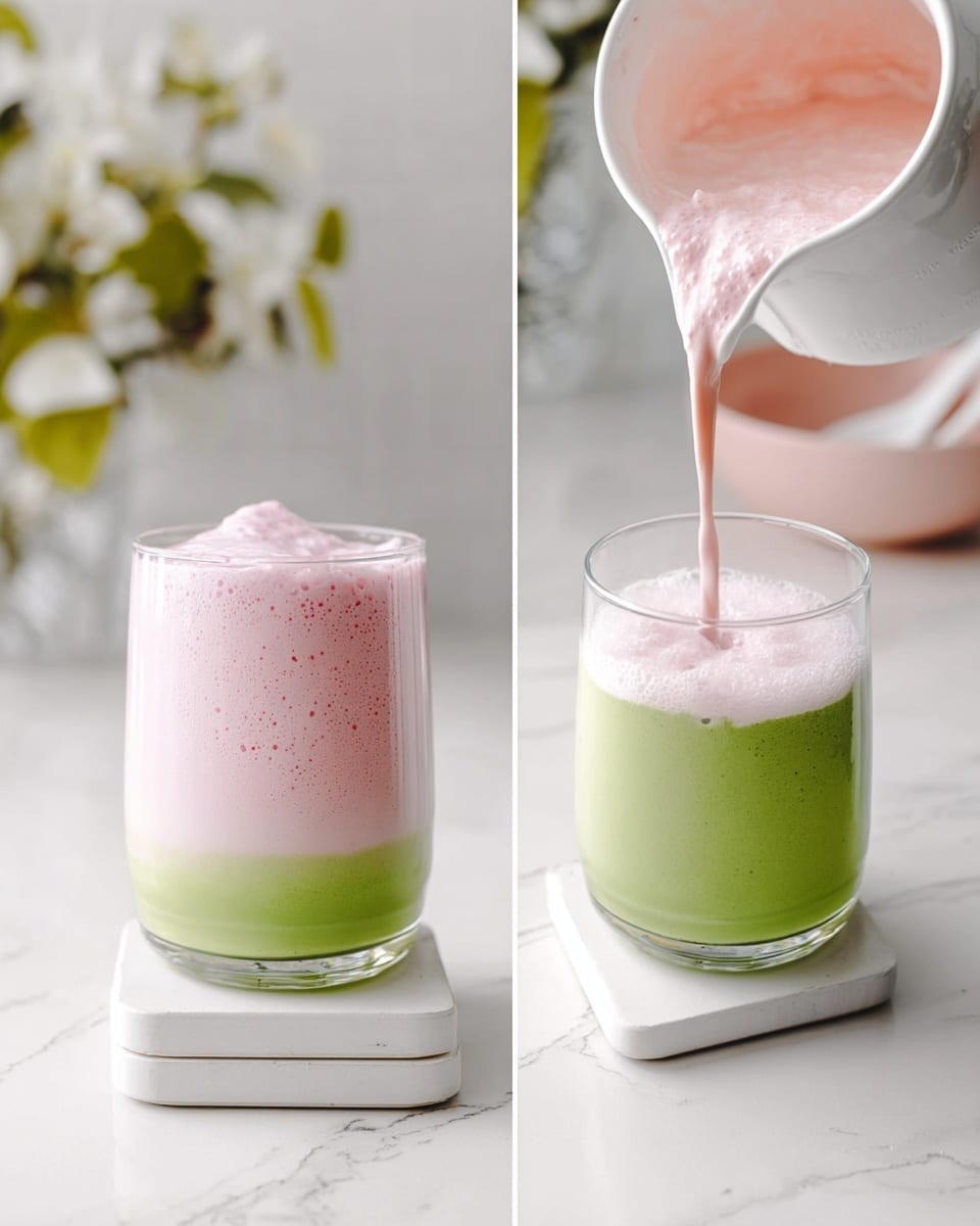 The image shows a two-layer drink in a clear glass placed on two white square coasters against a white marbled surface. The bottom layer is smooth and bright green, filling about two-thirds of the glass. The top layer is a thick, light pink foam being poured from a white pitcher by a woman's hand into the glass, creating a foamy pink layer on top of the green base. The background is soft and has white flowers with green leaves. There is also a pink bowl and a small white container placed on the white marbled counter nearby, all in soft natural light. photo taken with an iphone --ar 4:5 --v 7