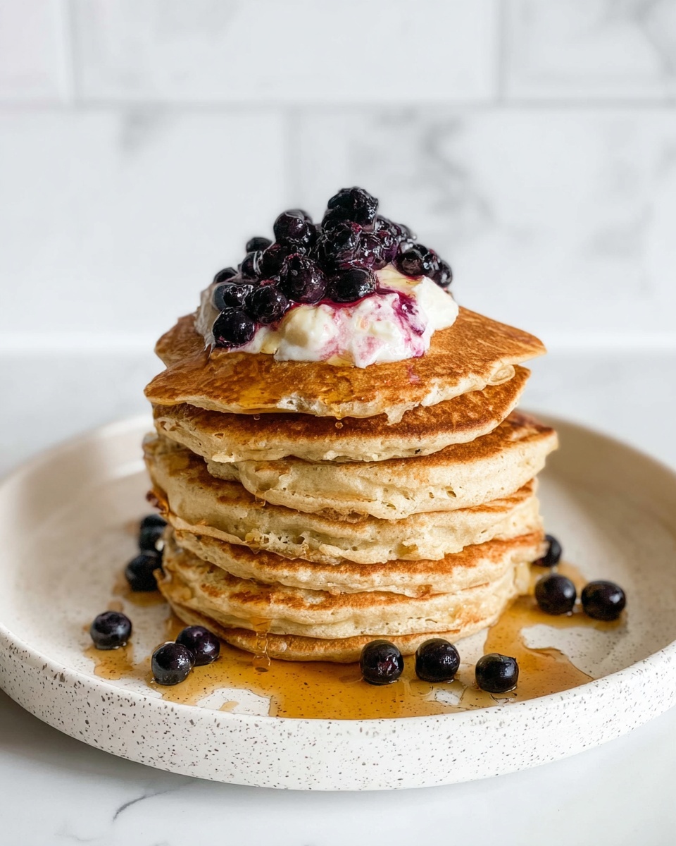 A stack of six thick pancakes with a golden brown color and soft texture sits on a white speckled plate. On top, there is a dollop of white cream with a small pile of shiny dark blueberries, some of which have a light pink stain from the cream. Around the base of the pancakes and scattered on the plate are more blueberries and a small pool of amber syrup, with some syrup drizzled on the pancakes as well. The background is a white marbled surface and wall, giving a clean and bright look. Photo taken with an iphone --ar 4:5 --v 7