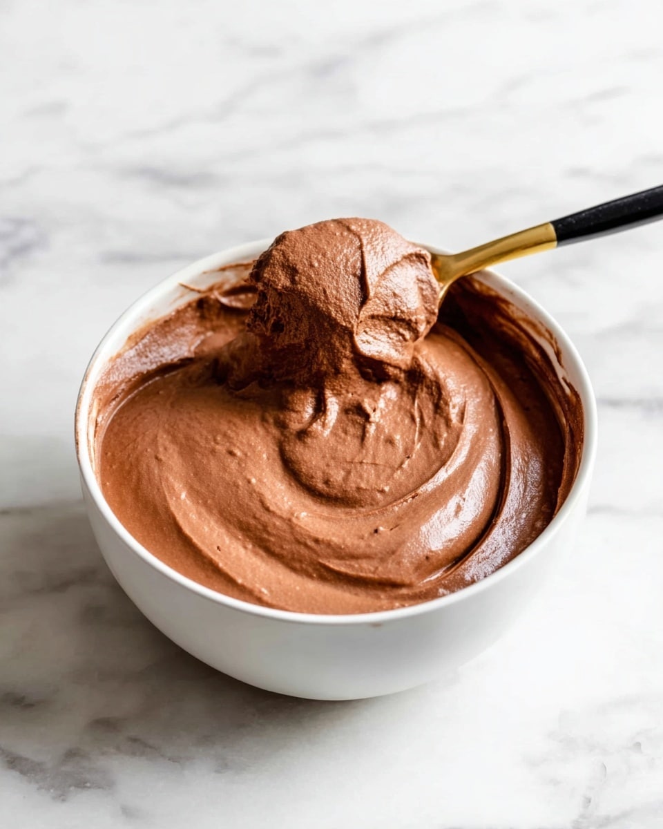 The image shows a white bowl filled with smooth, creamy chocolate mousse that has a shiny and slightly thick texture with soft swirls on the surface, placed on a white marbled background. A textured white cloth is softly folded next to the bowl, adding a cozy feel to the scene. photo taken with an iphone --ar 4:5 --v 7