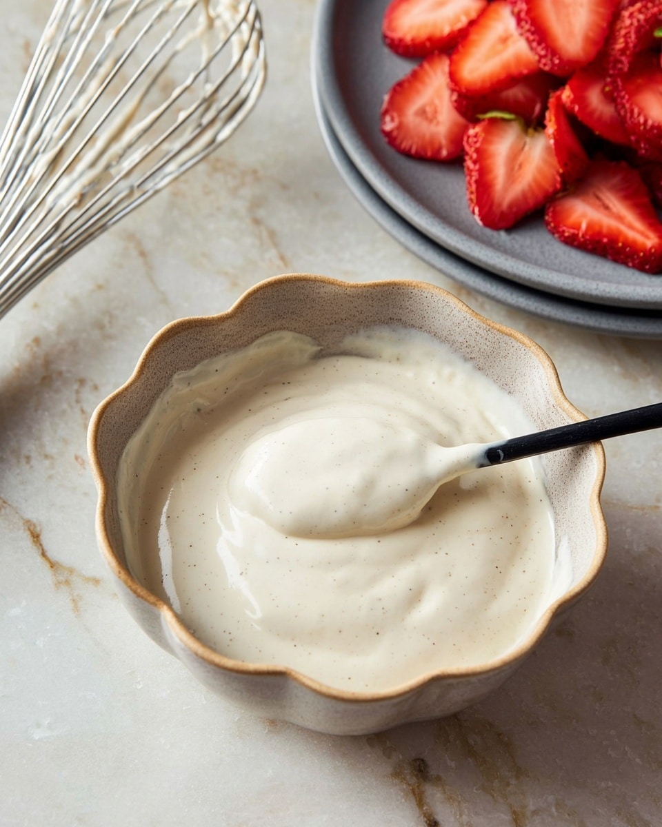 A bowl with scalloped edges filled with a smooth, creamy white mixture that has tiny black specks scattered throughout, with a black spoon resting inside the bowl scooping some of the cream. Next to the bowl, a whisk holds some of the same creamy mixture. In the background, a gray plate holds several sliced strawberries with bright red color and visible seeds. The scene is set on a white marbled surface. photo taken with an iphone --ar 4:5 --v 7