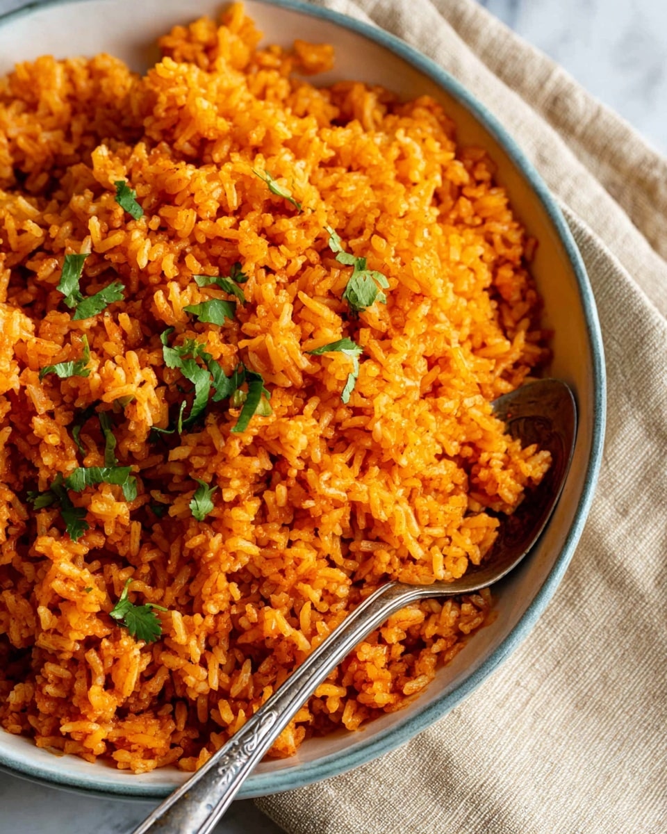 A close-up of a bowl filled with bright orange cooked rice, where each grain looks soft and fluffy, mixed with small green cilantro leaves scattered on top. A silver spoon with a detailed handle is partly inside the rice, resting on the right side of the bowl. The bowl is white with a faint blue rim and placed on a beige cloth over a white marbled surface. The rice shows a slightly glossy texture from the spices and seasoning photo taken with an iphone --ar 4:5 --v 7