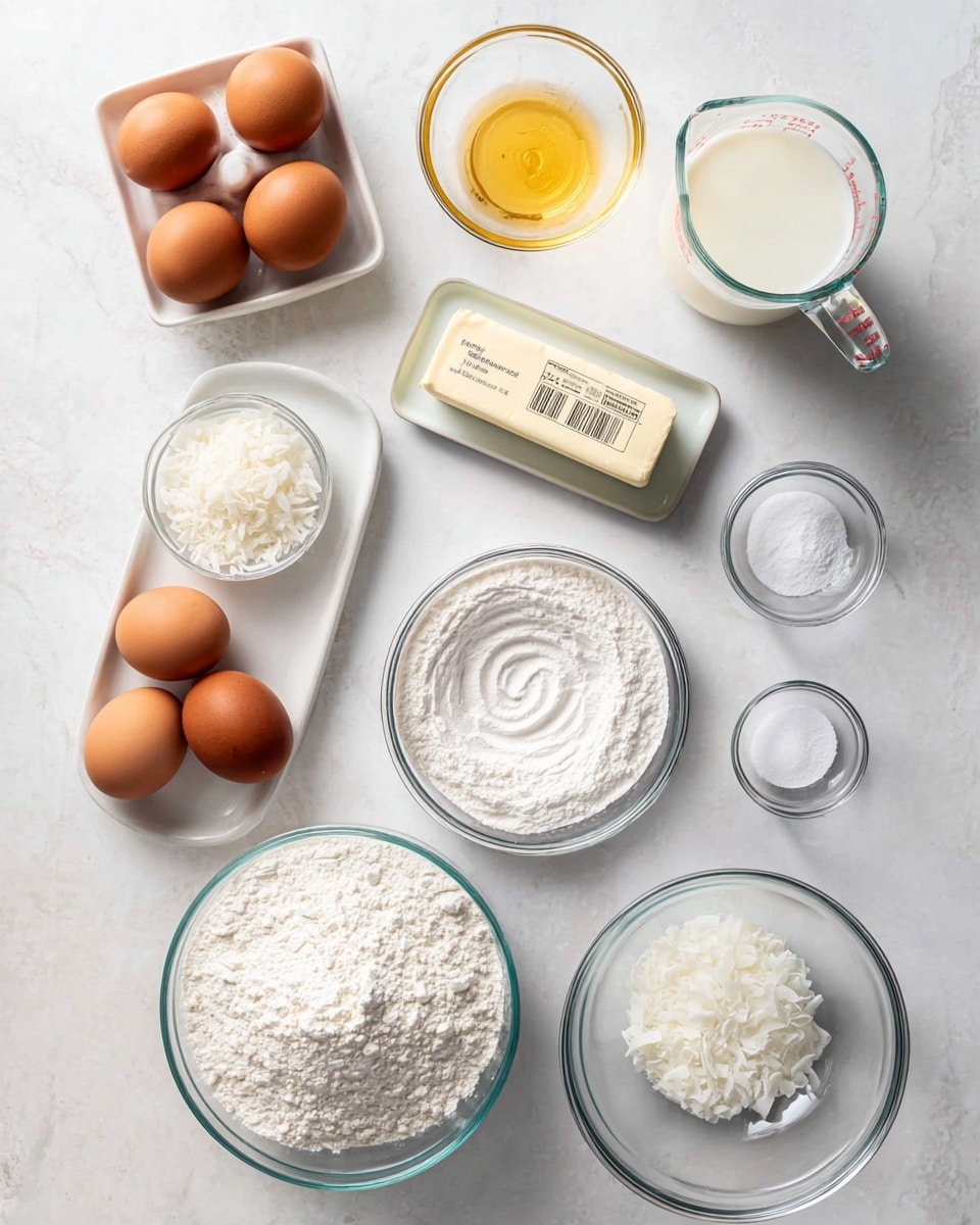 The image shows various baking ingredients neatly arranged on a white marbled surface. There are three brown eggs in a clear glass bowl near the top left, and seven brown eggs resting on a white tray at the bottom left. To the right of the eggs is a stick of butter with printed measurements on its wrapper. Above the butter is a glass measuring cup filled with milk, and next to it is a clear glass bowl of vegetable oil. In the center, a clear glass bowl holds white granulated sugar, while below it is a larger glass bowl filled with white flour with a swirl pattern on top. Scattered around are small clear glass bowls containing vanilla extract, salt, baking powder, powdered sugar, and water, as well as a bowl of shredded white coconut. The setup looks clean and organized, set on a white marbled background with bright natural light. photo taken with an iphone --ar 4:5 --v 7
