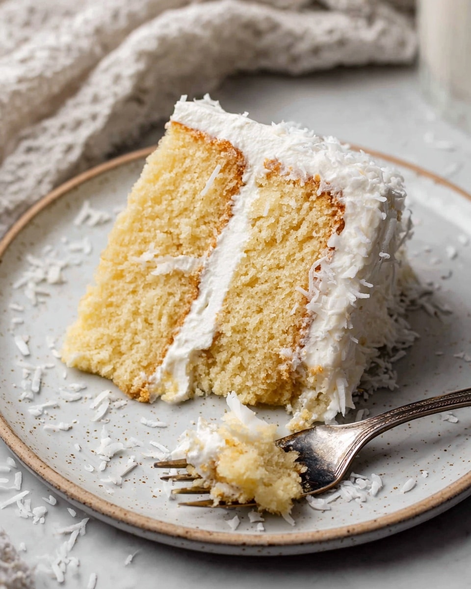 A slice of two-layer yellow cake stands on a white plate with a light speckled texture. The cake layers are soft and crumbly with a light golden color, separated by a thick, smooth layer of white frosting that also covers the outside. Some shredded coconut flakes are scattered around the cake slice on the plate, adding a fine texture contrast. A silver fork rests next to the slice, with frosting and a small piece of cake caught between its tines. The setting is on a white marbled surface with a fabric edge faintly visible in the background. Photo taken with an iphone --ar 4:5 --v 7