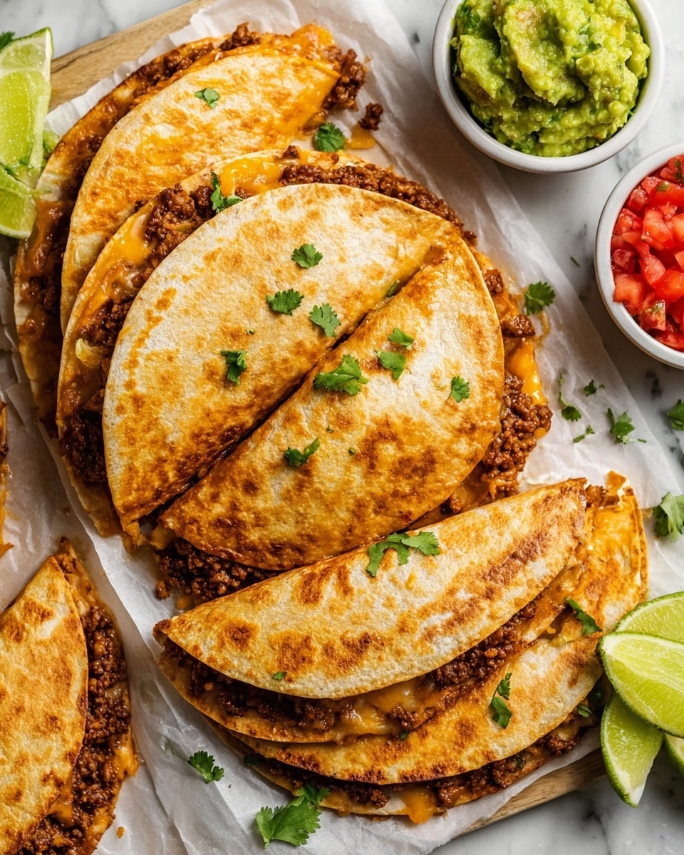 The image shows several soft tortillas folded in half, each with one thick layer of brown cooked meat mixed with melted light orange cheese inside. The tortillas have a golden toasted color and slight shine, with small green cilantro leaves sprinkled on top and around. The tortillas rest on white parchment paper over a white marbled surface. In the top right corner, there are small white bowls, one filled with chunky green guacamole and another with bright red diced tomatoes. Lime wedges with green skin and pale green inside are scattered around the tortillas. Photo taken with an iphone --ar 4:5 --v 7