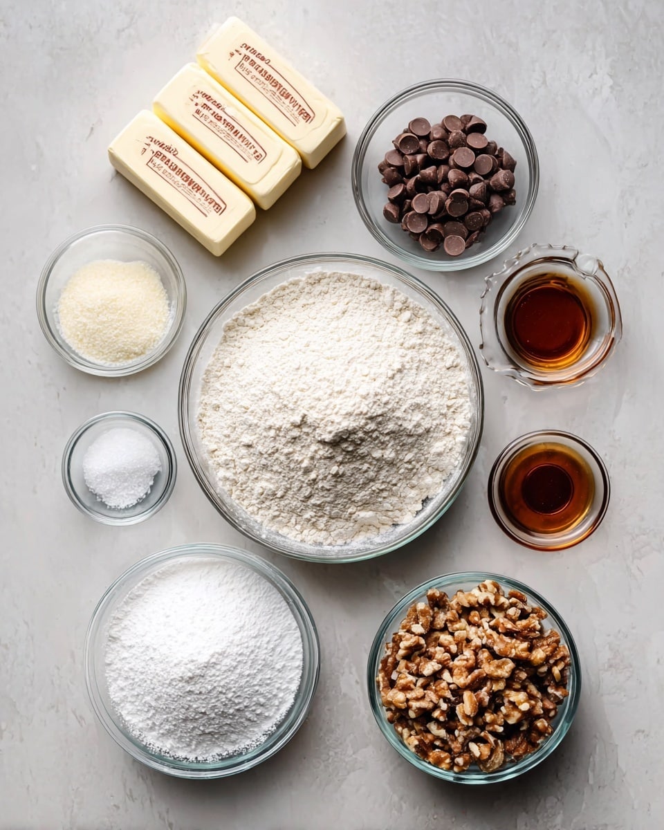 A top view of baking ingredients arranged on a white marbled surface. In the center, there is a large clear glass bowl filled with white flour showing a slight swirl on its surface. Above it to the right, a medium clear glass bowl holds several shiny, smooth, dark brown chocolate chips. To the right of the flour, a small clear glass bowl contains a dark amber liquid, likely vanilla extract. Below the flour, a medium clear glass bowl is filled with fine white powdered sugar, also swirled on top. Next to it on the right, another medium clear glass bowl holds chopped nuts with varied brown shades and rough texture. To the upper left of the flour, two sticks of unsalted butter with yellow cream color wrapped in paper with red text lie side by side. A small clear glass bowl with a white granular substance, probably salt, is to the left of the flour bowl. The arrangement is neat with soft natural lighting. Photo taken with an iphone --ar 4:5 --v 7