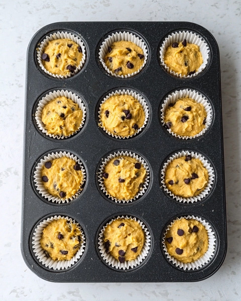 A black muffin pan holds twelve white paper liners filled with raw yellow muffin batter that has small dark chocolate chips mixed in. Each liner is filled nearly to the top with a slightly uneven, soft, and textured batter surface. The pan is placed on a white marbled surface, showing slight spills and natural baking texture. Photo taken with an iphone --ar 4:5 --v 7