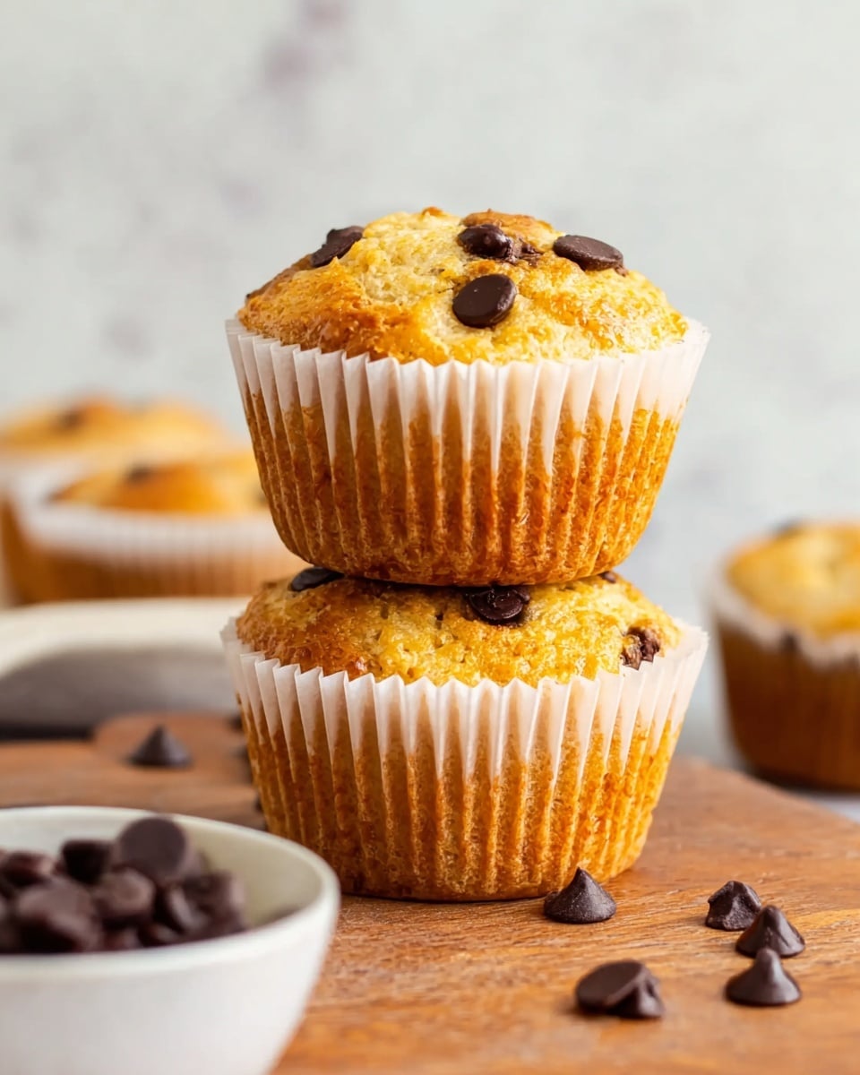 The image shows two golden brown muffins stacked on a wooden surface with a white marbled background. The top muffin is turned sideways, revealing a soft, crumbly inside with melted dark chocolate chips scattered throughout. The muffins have a rough, slightly crunchy texture on the outside with darker chocolate chips sitting on top. They are wrapped in light white paper liners that show slight flour dust on them. The overall feel is warm and freshly baked. photo taken with an iphone --ar 4:5 --v 7